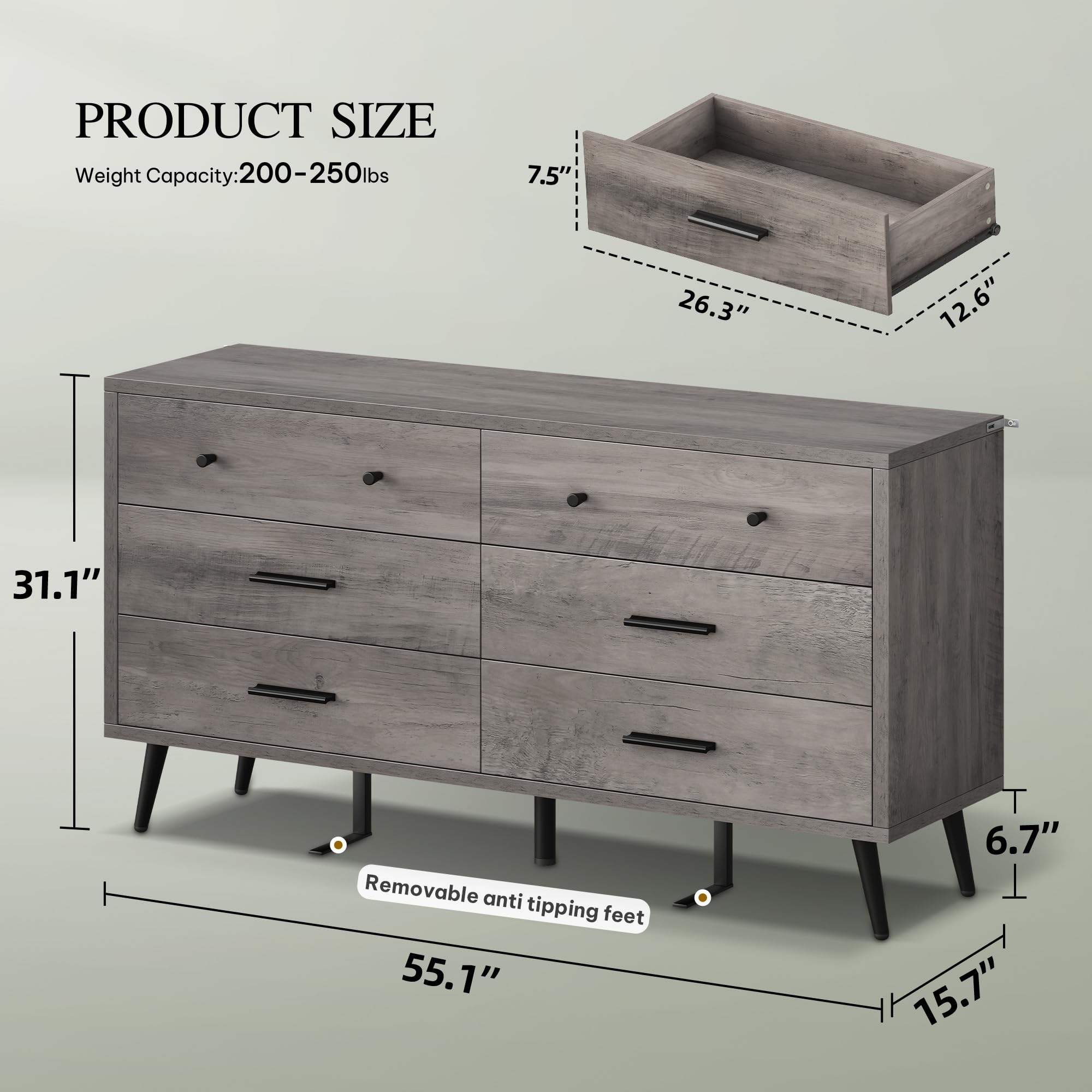 DWVO Grey Dresser TV Stand for 65 Inch TV/6 Drawer Dresser Entertainment Center/Console Table with Black Metal Handles & Anti-Tipping Device for Living Room