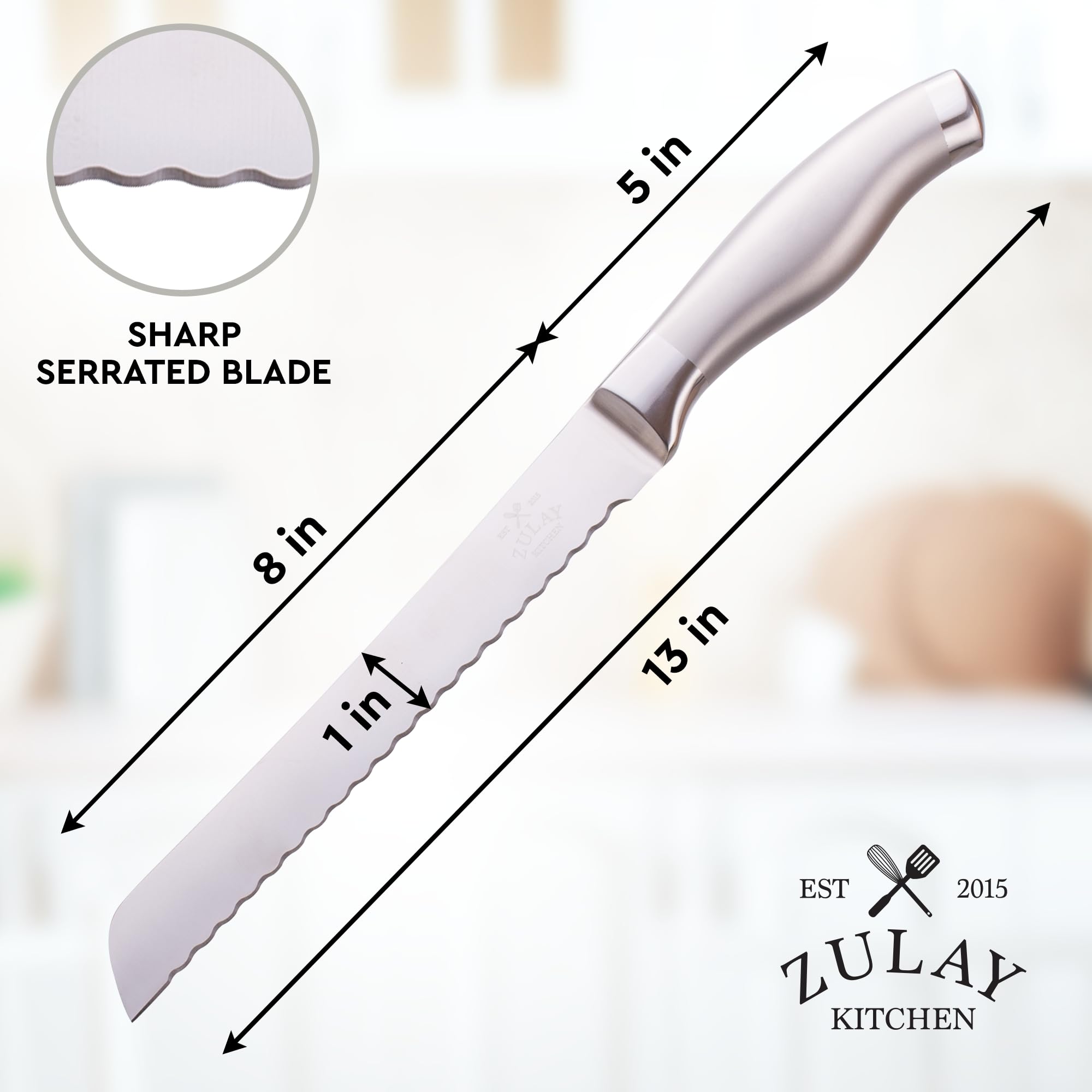 Zulay Kitchen Bread Knife – Ultra Sharp 8-Inch Serrated Stainless Steel Blade for Homemade Bread, Bagels & Cakes – Wavy Edge Bread Slicer with 5-Inch Handle – Silver