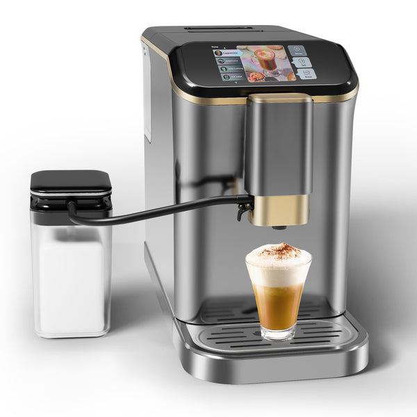 Super Automatic Espresso Machine 20 Bar With Milk Frother, Fully Automatic Bean to Cup Espresso Cappuccino and Latte Iced Coffee Maker Built-In Burr Grinder, Milk Container, Intuitive Touch Display