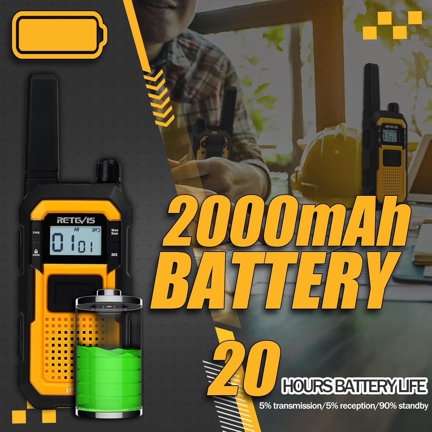 Retevis RB48 Waterproof Walkie Talkies, Heavy Duty Two Way Radio, Advanced Triple Proof, Vibration Call, USB-C, SOS,2000mAh, NOAA, 2 Way Radio(2 Pack) Yellow