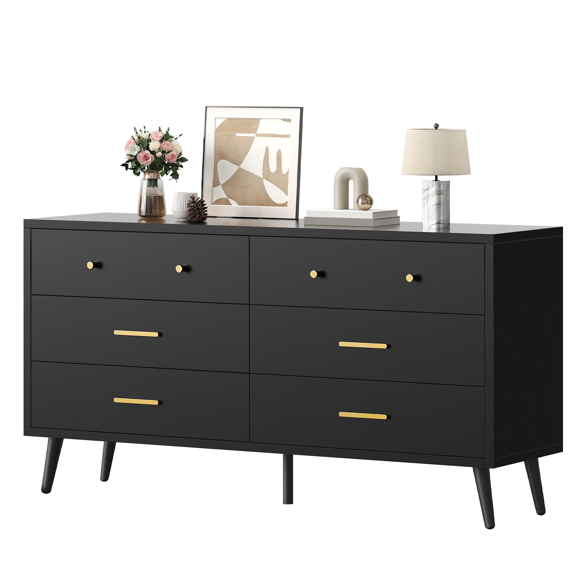 DWVO Black 6-Drawer Dresser with Black Metal Handles, Anti-Tip Design, and Double Storage Cabinet for Entryway - 15.7" D x 55.1" W x 31.1" H