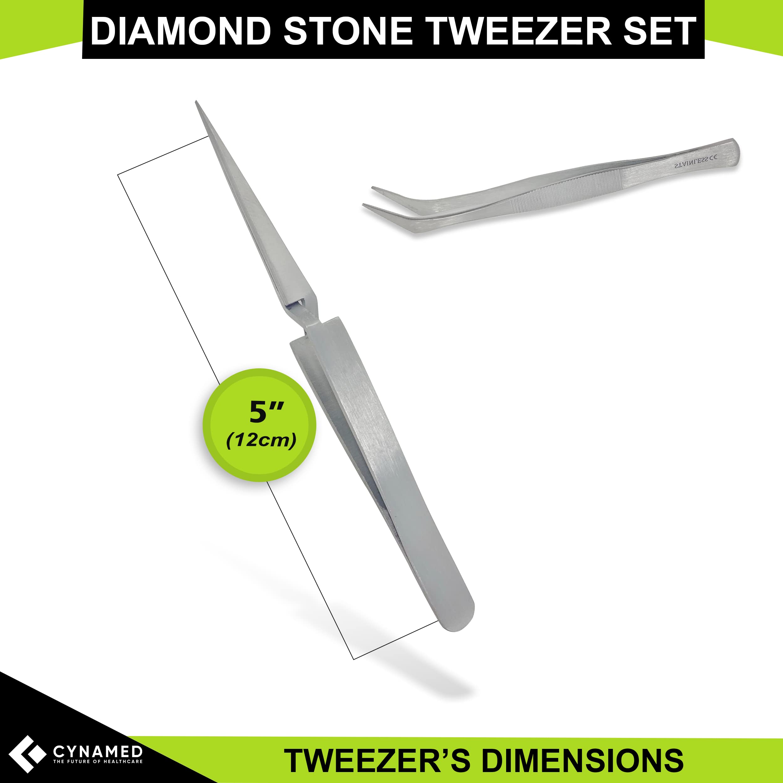 Cynamed Precision Hobby Tweezers Tool Set, Stainless Steel Long Tweezers Kit Curved Tweezers for Electronics, Laboratory Work, Diamond Handling, Jewelry-Making, Craft, Soldering (Hobby Tweezers 4-Set)