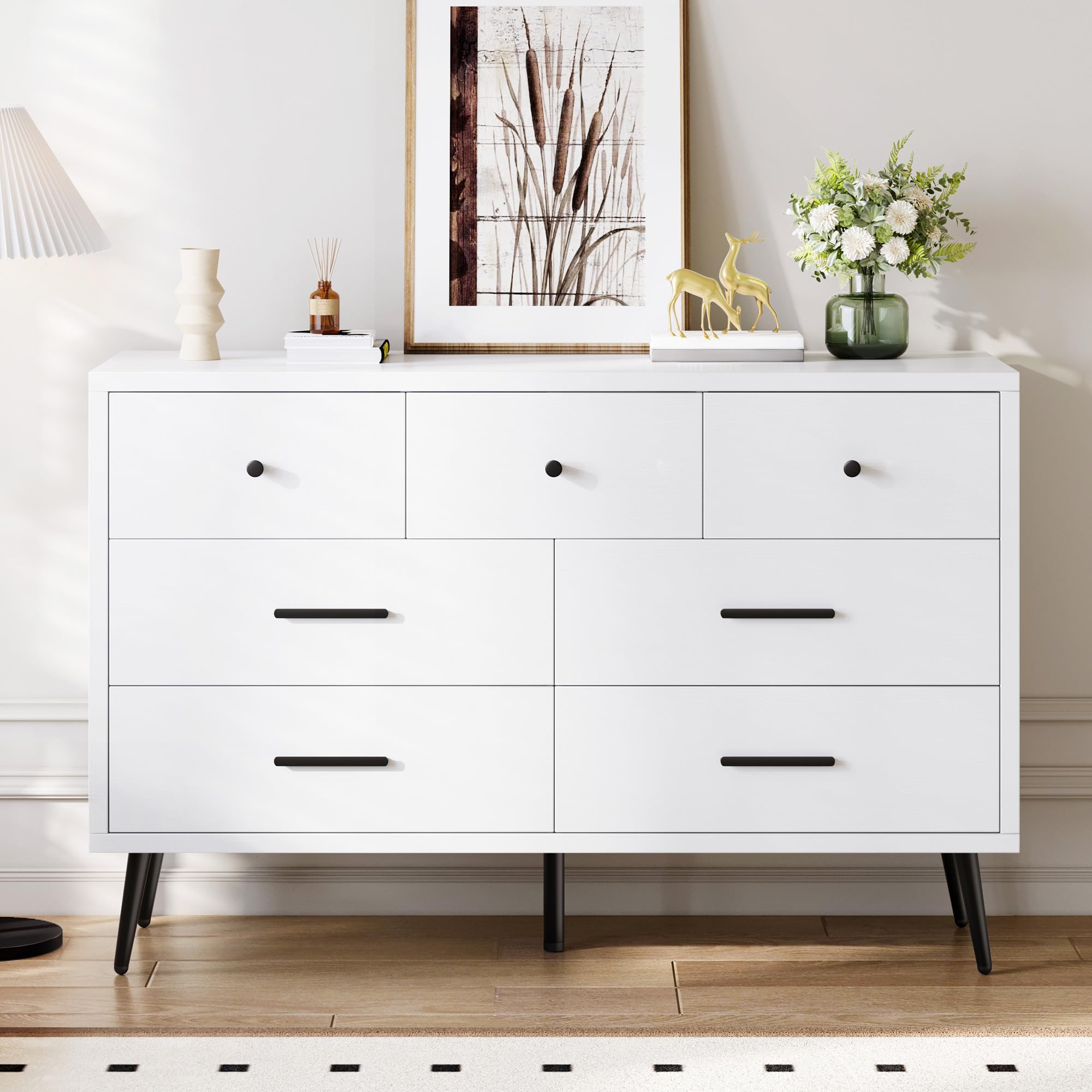 DWVO 7-Drawer Dresser in White Wood with Black Metal Handles, Anti-Tip Safety Feature, Modern Storage Cabinet for Living Room, Hallway, or Entryway