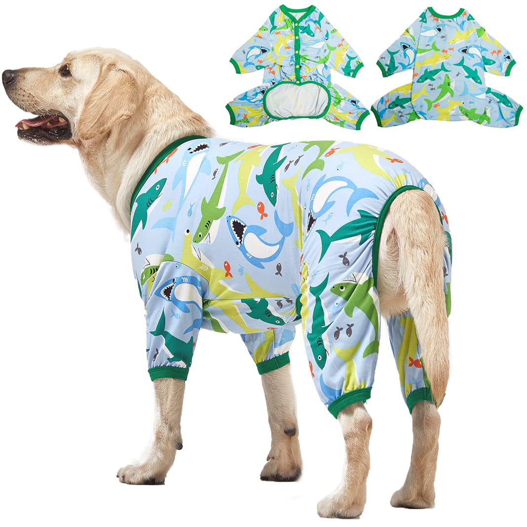 LovinPet Surgical Recovery Shirt for Large Dogs, Undershirt for Dog Coats, Lightweight Stretchy Knit Dog Onesie, Big Bites Turquoise Print, Pitbull Shirt, UV Protection,Stop Shedding for Dogs, 2XL