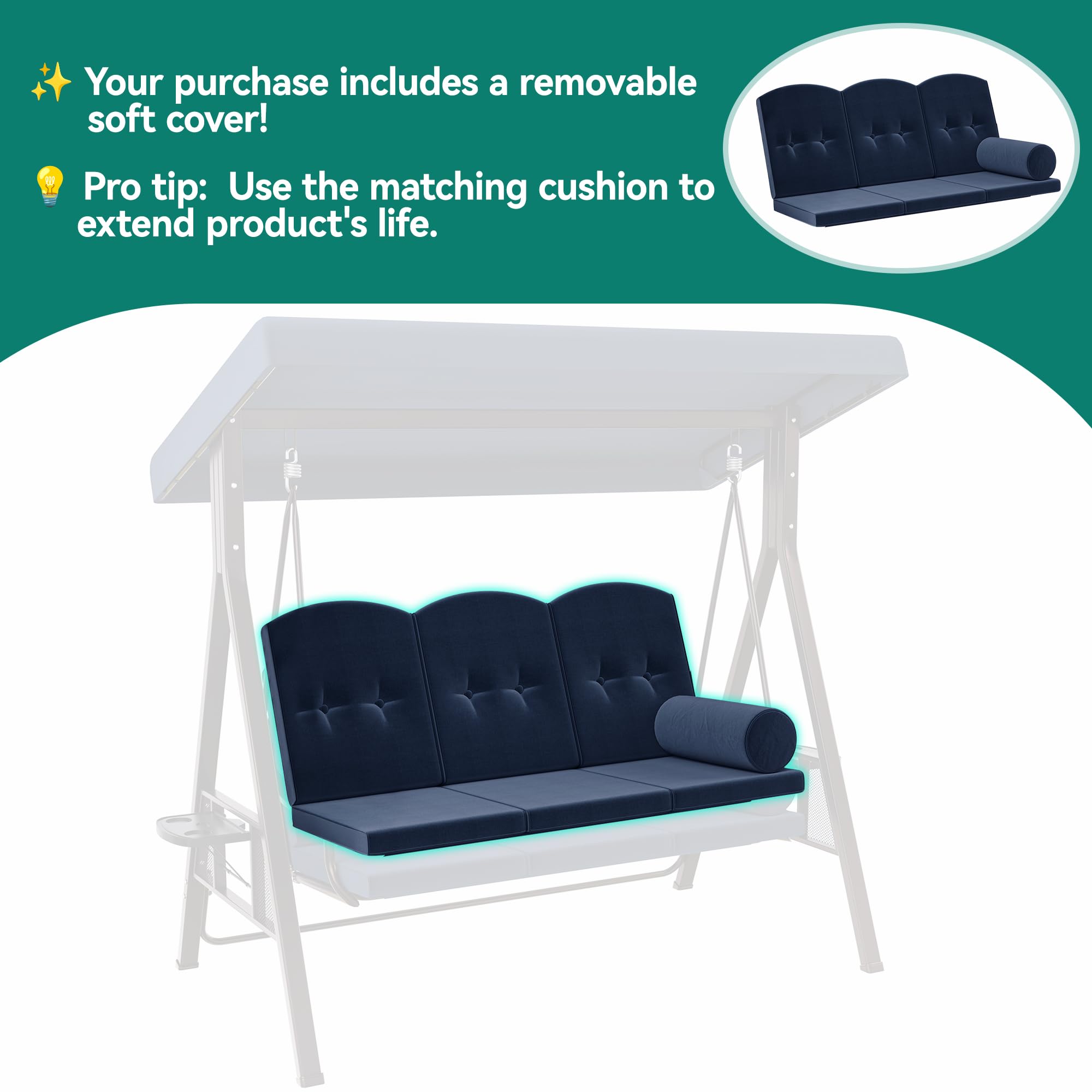YITAHOME 3-Seat Deluxe Porch Swing Outdoor Heavy Duty Patio Swing Chair with Adjustable Canopy Removable Cushions Weather Resistant Steel Frame Suitable for Garden, Lawn, Backyard, Balcony, Navy Blue
