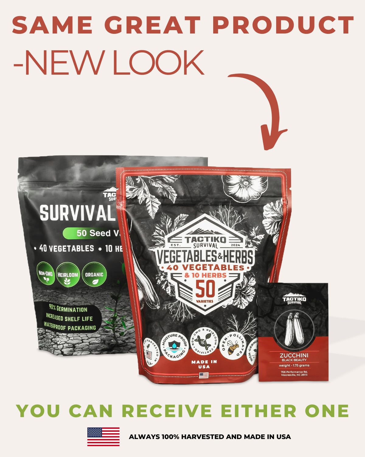 50 Tactiko Survival Vegetable, Herb & Fruit Seed Kit - U.S.A. Harvested Varieties - Over 25,000 Non-GMO Heirloom Seeds - Emergency Seed Vault in Waterproof Mylar Bag - Long-Term Storage