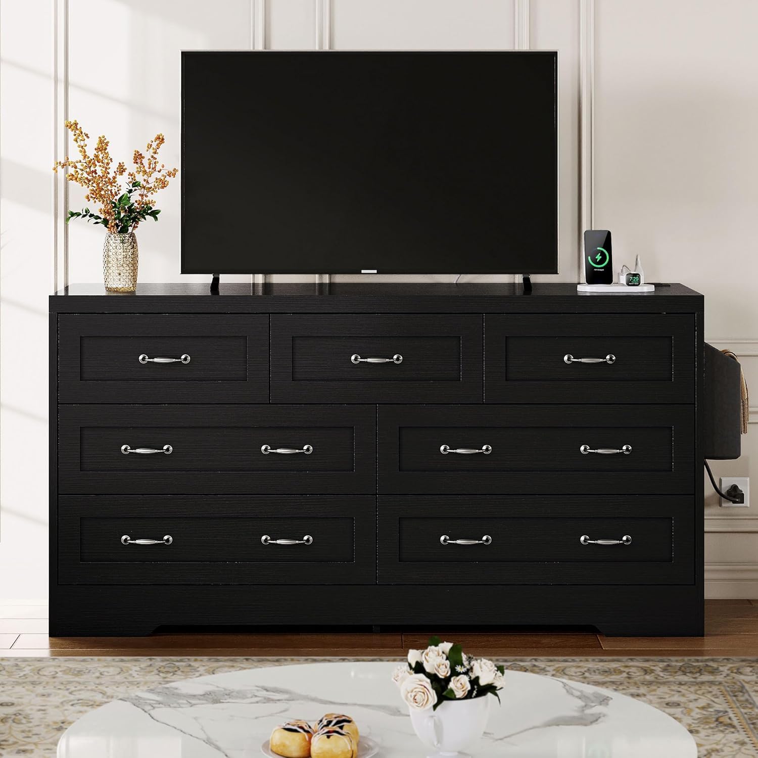 DWVO 7 Drawers Dresser, 59" W Large Chest of Drawers, Retro Wood Rattan Dresser with Large Rattan Drawers, Storage Organizer Unit with Dual Tip-Resistant Kits for Living Room, Black