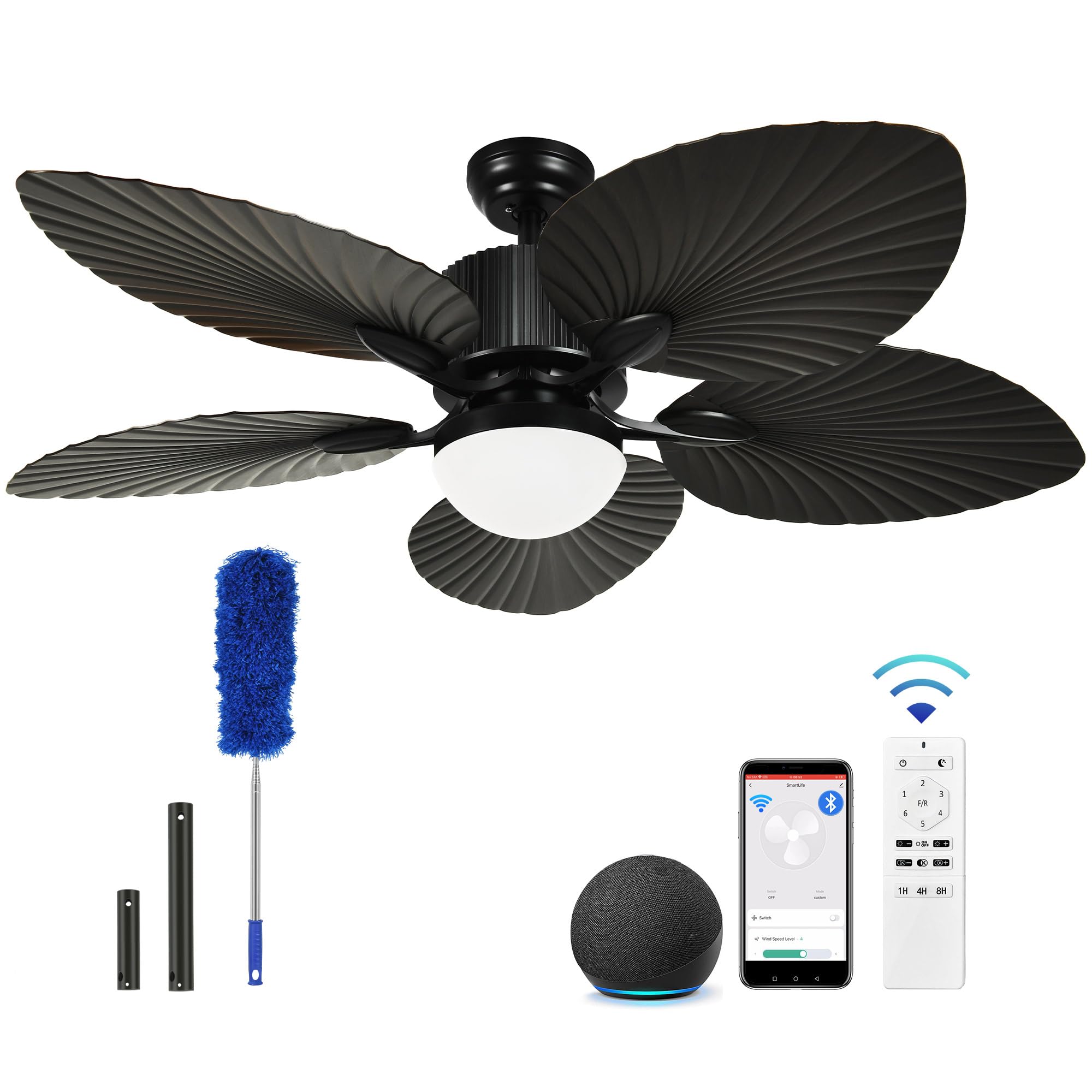 YITAHOME Tropical Ceiling Fan with Lights, 3 Ways Control, Dimmable 52 Inch Retro Ceiling fan with Cleaner Duster, Black Smart Ceiling Fan Compatible with Alexa for Living Room, Dining Room