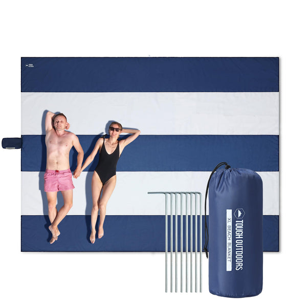Tough Outdoors Extra Large Beach Blanket Waterproof Sandproof Oversized - 11'x10' Sand Free Beach Mat for 9 Adults - Hiking, Outdoor & Beach - Navy Blue & White