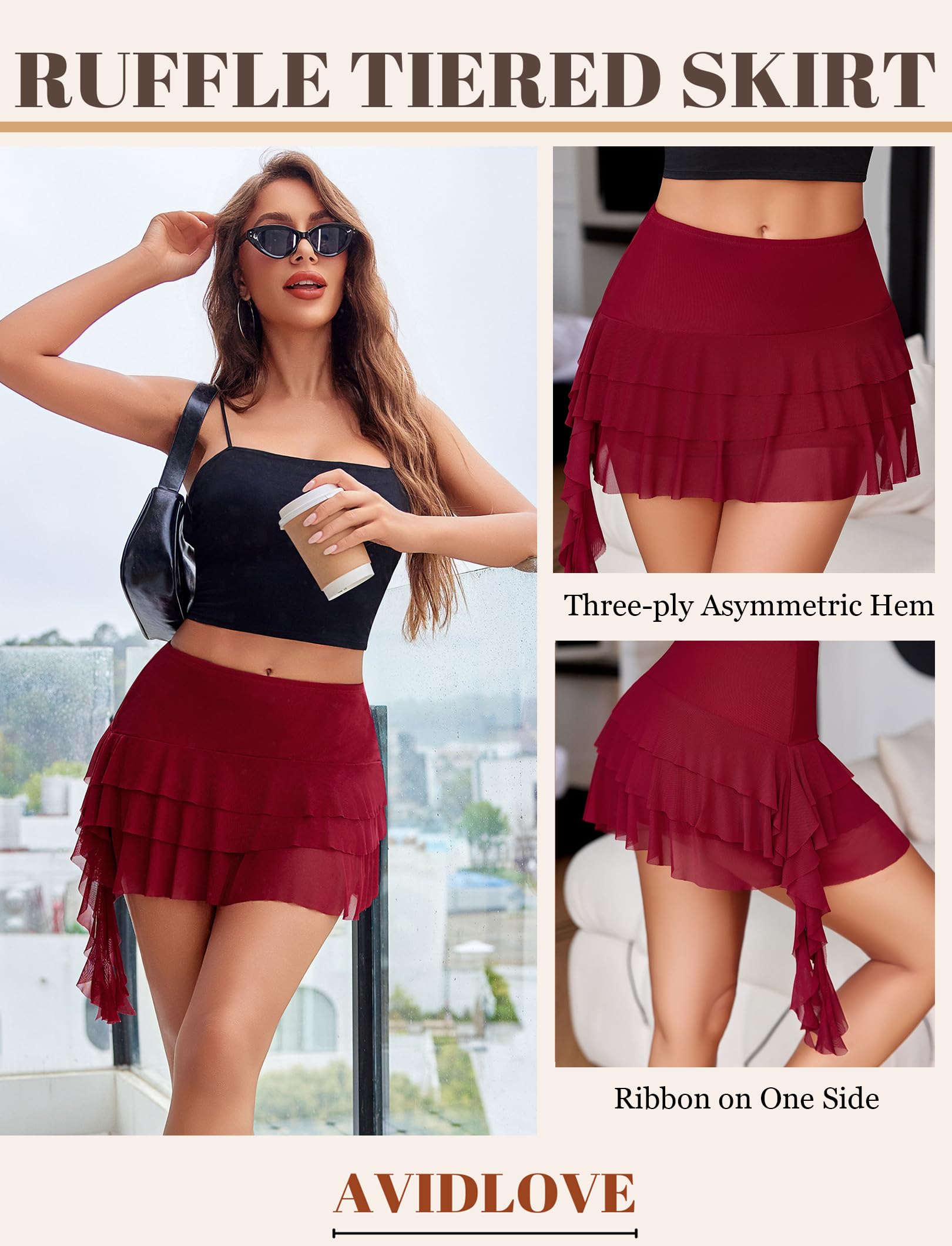 Avidlove Women's Asymmetric Ruffle Mini Skirt Ruched Hem Tiered Skirt Sexy Lace Lingerie Short Skirts