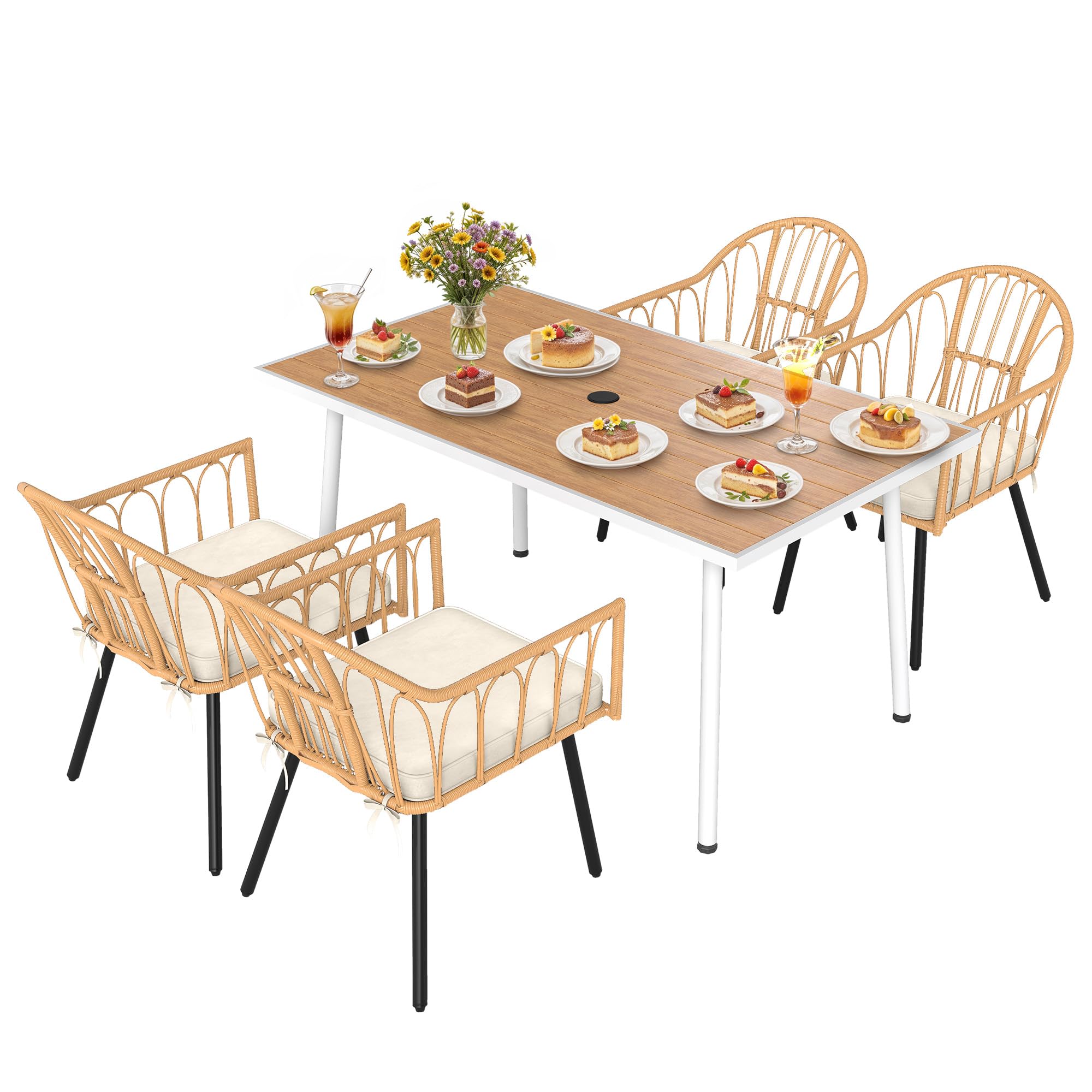 YITAHOME Outdoor Patio Dining Set 5pcs 59" Outdoor Table and Chairs Patio Dining Furniture Sets for 4/6 with Umbrella Hole Outdoor Dining Table Set for Garden Lawn Porch Indoor Beige