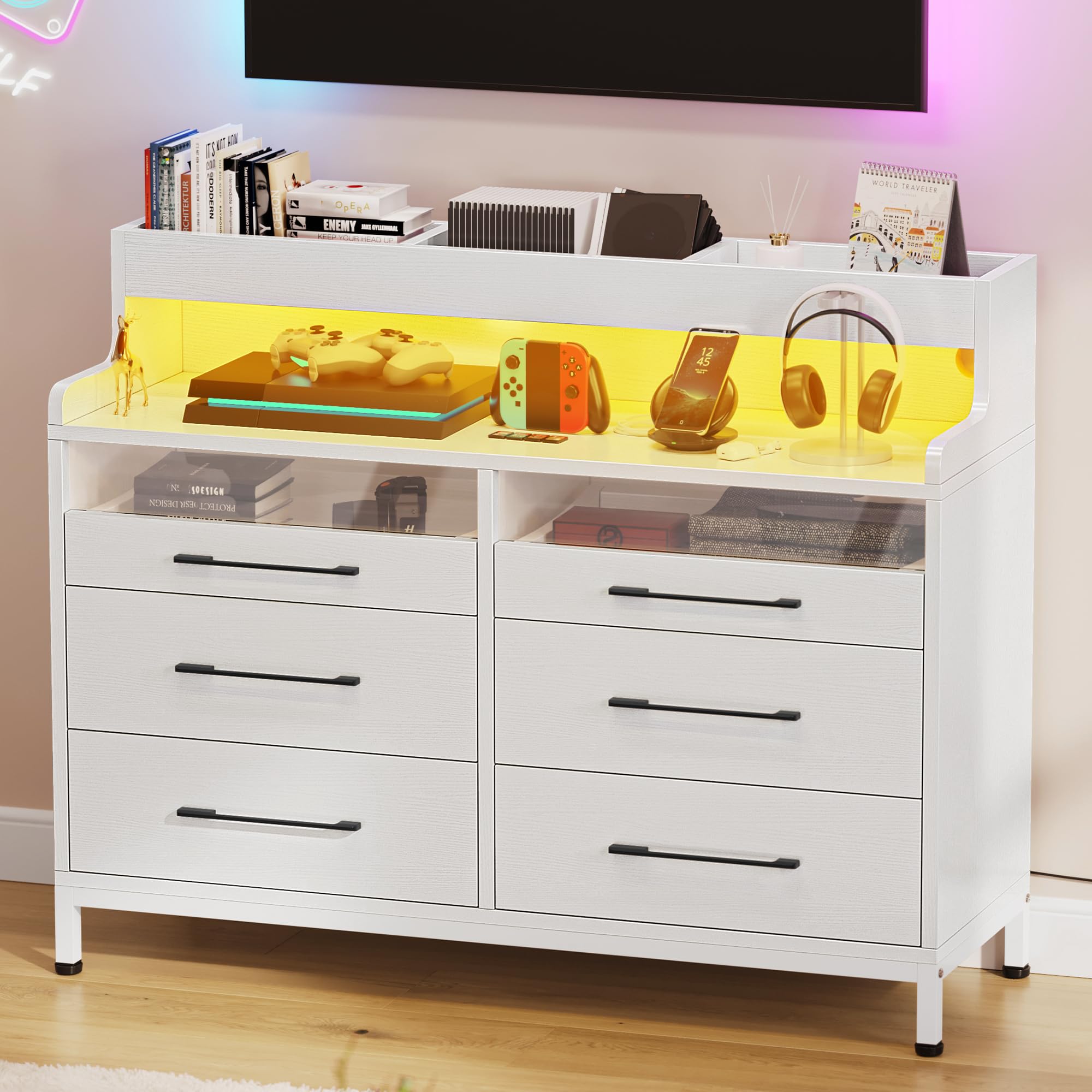 DWVO 6 Drawer Dressers with LED Light, Dresser & Chests of Drawers with Charging Station, Modern Dresser with Open Shelf Storage for Room, Entryway, Hallway, White