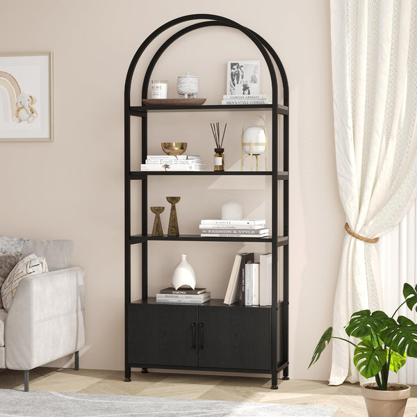 4 Tier Bookshelf, Arched Bookcase with Doors Storage, 71.5 Inches Tall Industrial Book Shelf with Sturdy Metal Frame and Quality Boards, Freestanding Display Shelving Bookshelf for Study,Black