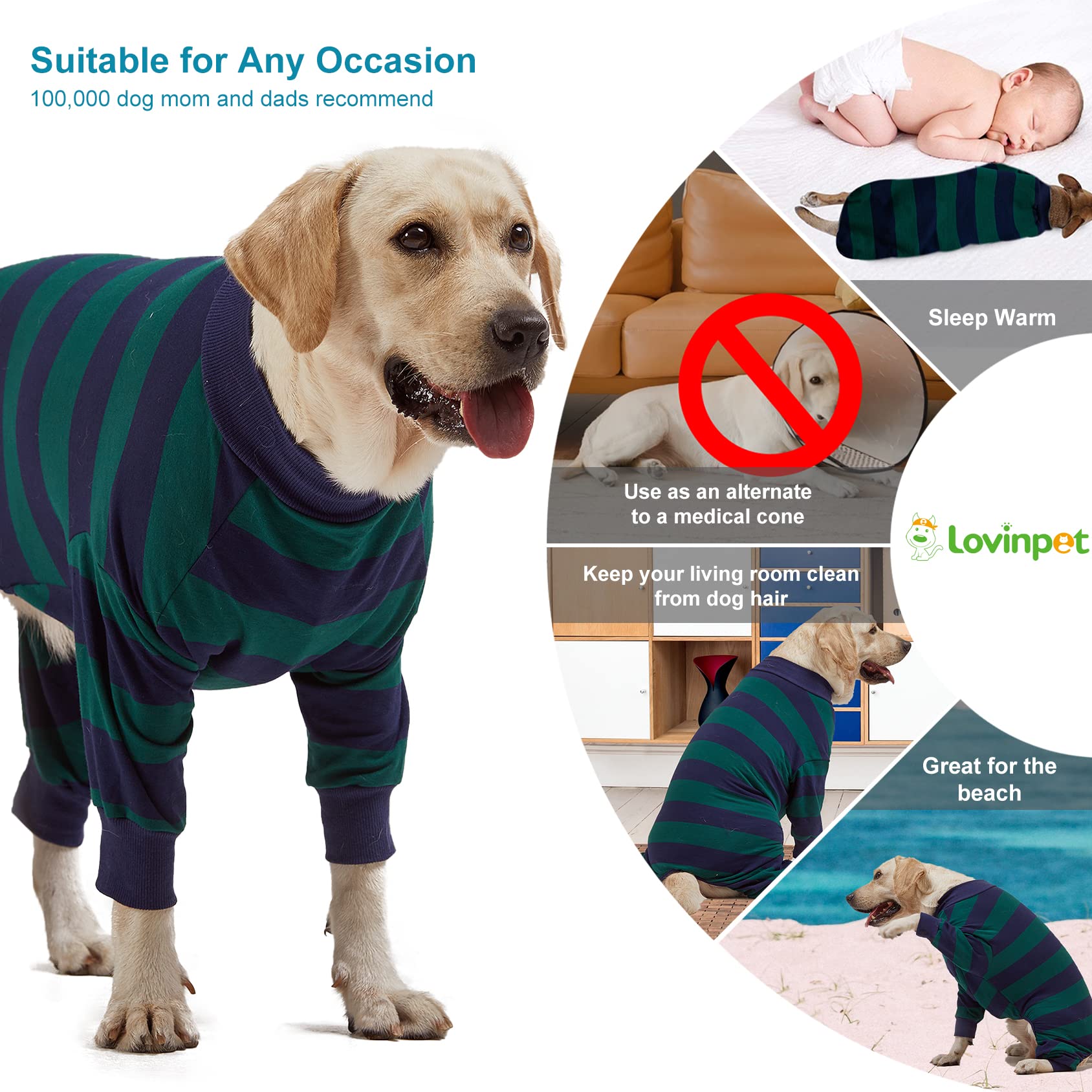 LovinPet Large Dog Pajamas Bodysuit, Lightweight Stretchy Knit Pullover Dog Onesie, Pet Pajamas for Dogs, Green and Black Stripe Print Dog Shirt, UV Protection, Stop Shedding for Dogs, Pet PJ's, L