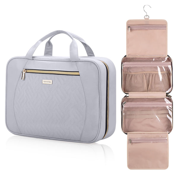 TBTOTRA Hanging Toiletry Bag for Women Travel, 2 Sizes Large & Small Waterproof Cosmetic Organizer with 4 Compartments, Rotating Hook, Foldable Pink Travel Bag for Toiletries & Makeup - Medium Grey