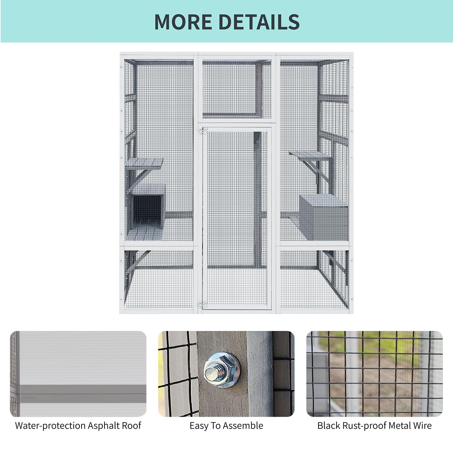 70'' Catio Outdoor Cat House, Cat Enclosure for Mulitiple Cats Large Walk in Cat Cage with Waterproof Cover, Feral Cat Shelter with 7 Platforms and 2 Resting Box Gray
