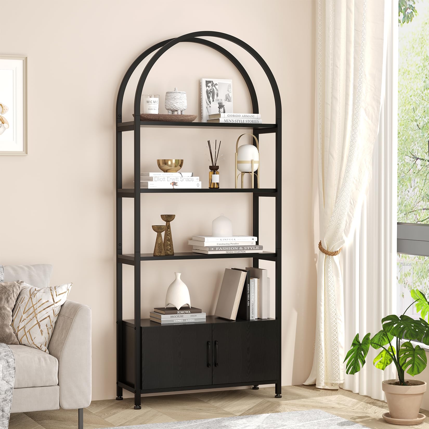4 Tier Bookshelf, Arched Bookcase with Doors Storage, 71.5 Inches Tall Industrial Book Shelf with Sturdy Metal Frame and Quality Boards, Freestanding Display Shelving Bookshelf for Study,Black