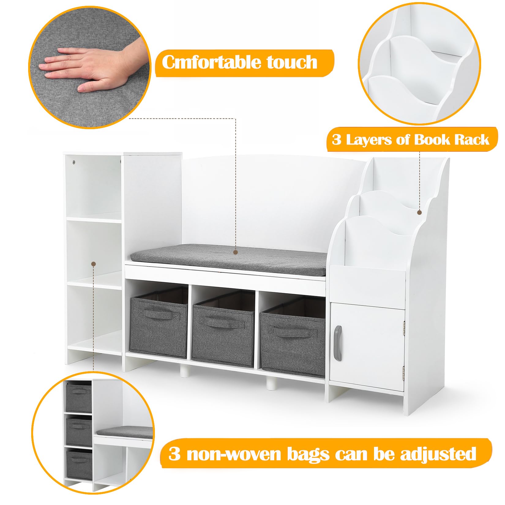 GarveeHome Kids Bookshelf with Reading Nook, Bookcase with Detachable Cushion, Adjustable Shelf,Storage Organizer with Book Rack for Bedroom, Playroom, Gift for Boys and Girls, White