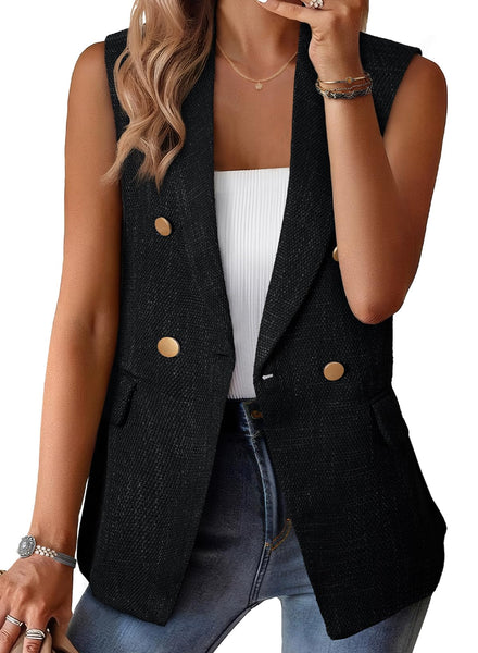 Happy Sailed Black Blazers for Women Business Casual Summer Sleeveless Double Breasted Open Front Tweed Blazer Vest Tops Lightweight Jackets Waistcoat Professional Office Outfits Large