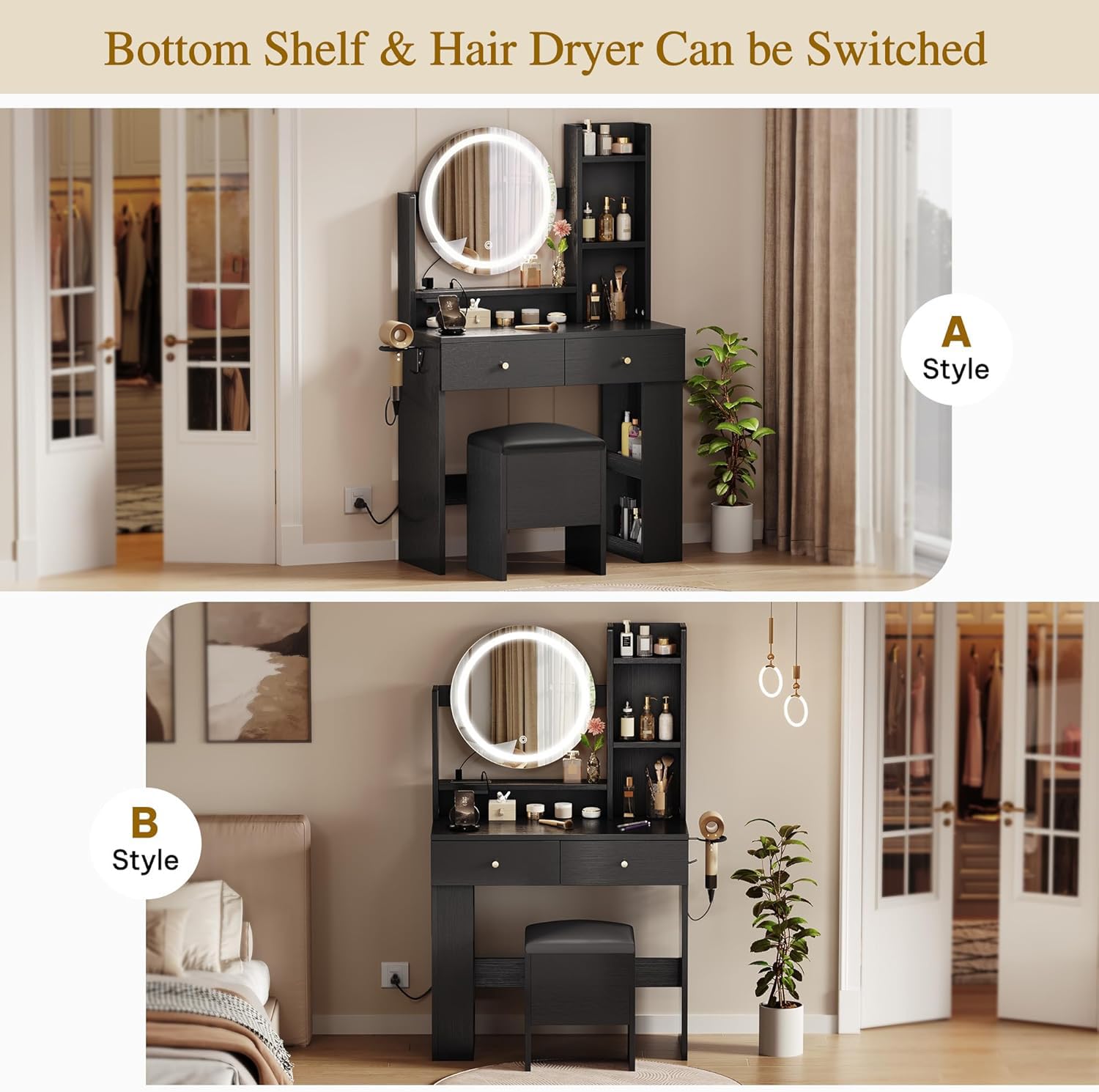 YITAHOME Makeup Vanity Desk with Mirror and Lights, Vanity Table Set with Power Outlets, Storage Drawer, Chair and 3 Shelves, Bedroom, Black