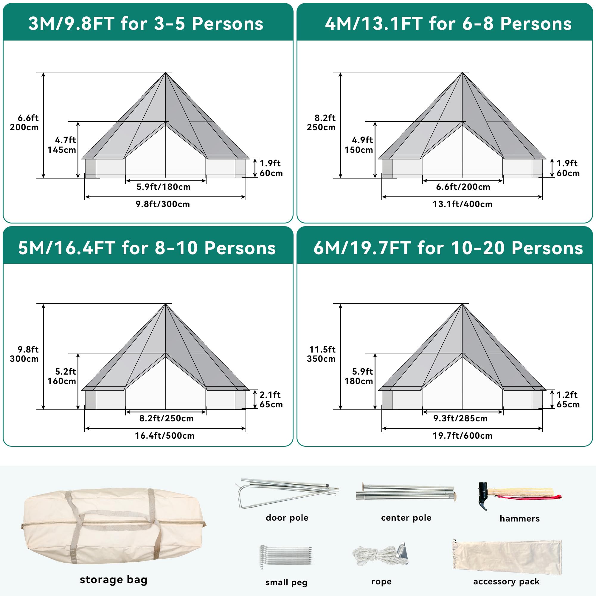 YITAHOME Canvas Bell Tent Cotton Canvas Yurt Tent 4 Season Waterproof Glamping Tents w/Stove Jack for Family Camping Outdoor Hunting Party (6M/20FT)