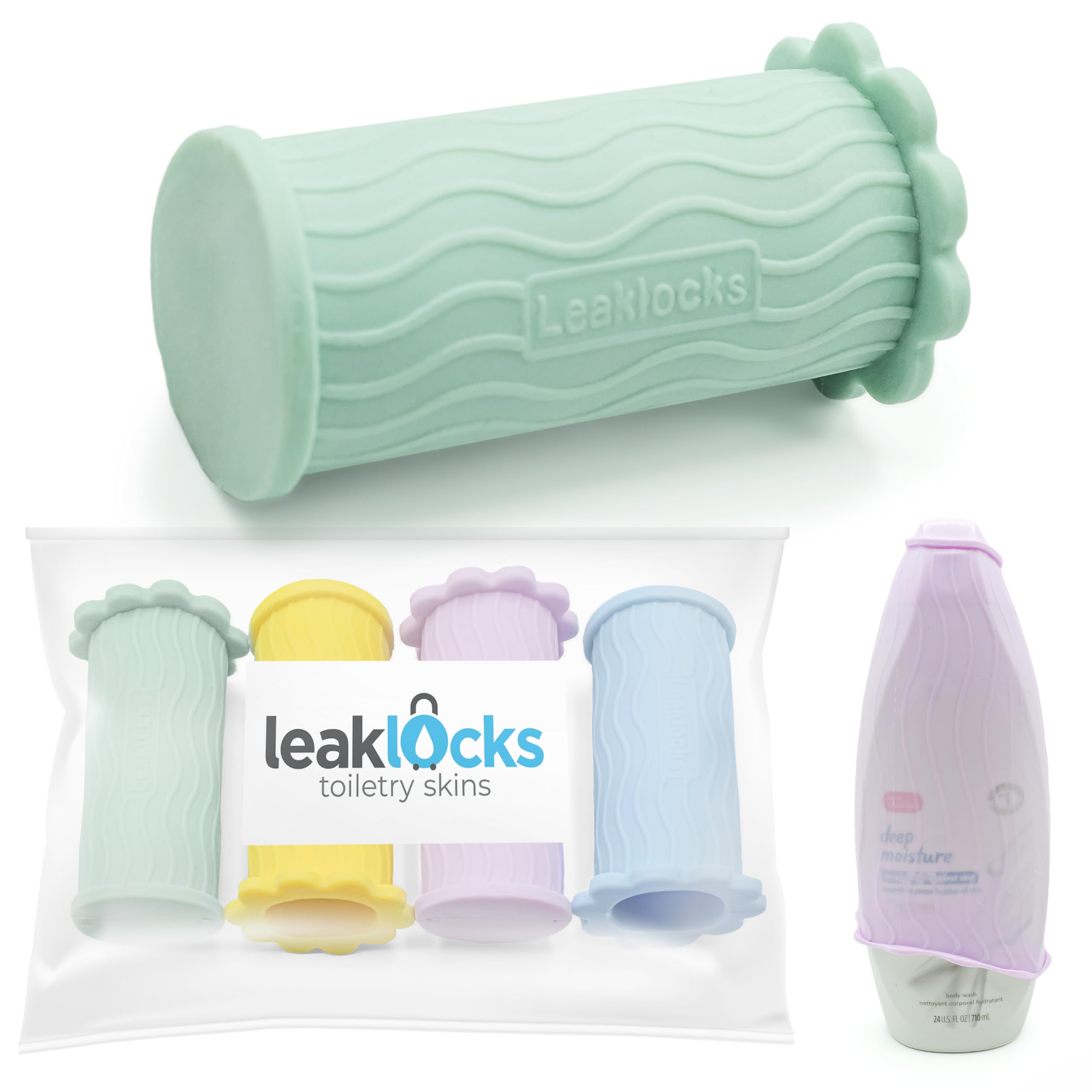 LeakLocks® Toiletry Skins™ Elastic Sleeve for Leak Proofing Travel Container in Luggage. For Standard and Travel Sized Toiletries. Reusable Accessory for Travel Bag Suitcase and Carry-on Luggage