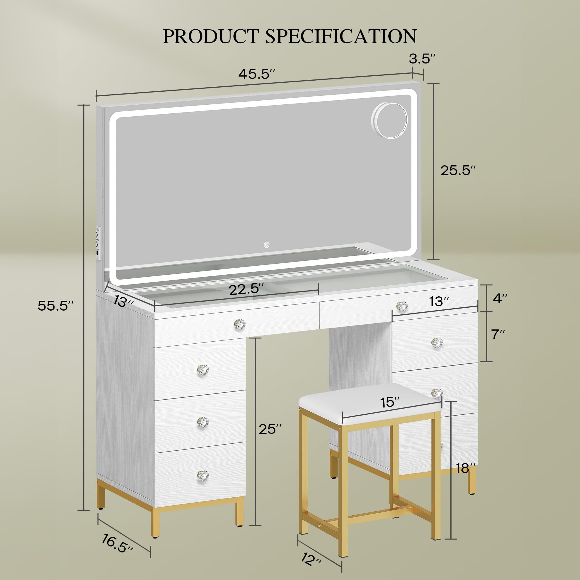YITAHOME Vanity Desk with Mirror, Power Outlet and Magnifying Glass, Dressing Table Set with Chair, Makeup Vanity Table with Stool, 8 Drawers, Adjustable 3 Lighting Colors, White