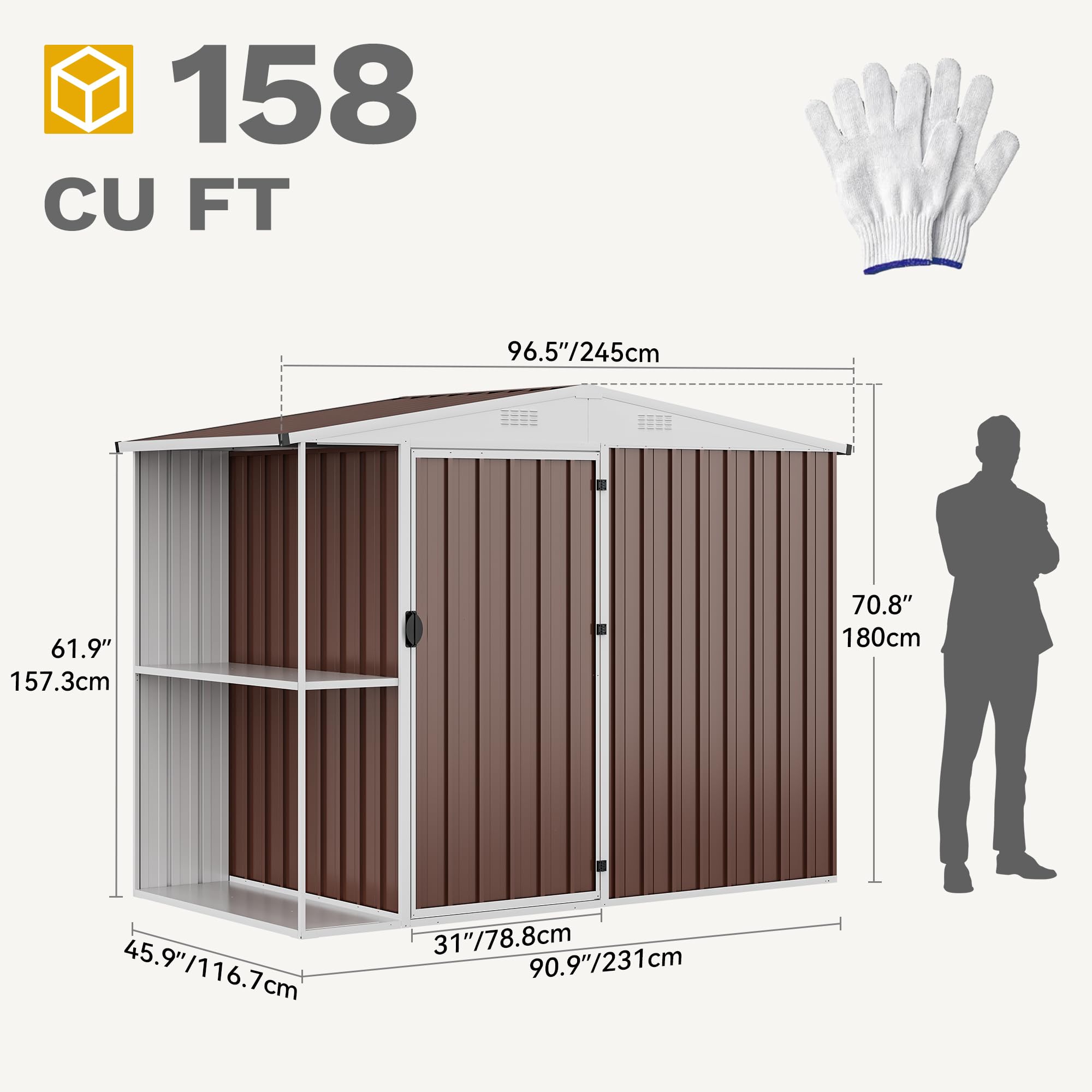 DWVO 8 x 4 ft Outdoor Storage Shed with 2-Tier Shelf, Metal Tool Shed & Garden Storage Cabinet for Backyard, Patio, Equipment & Bike, Brown