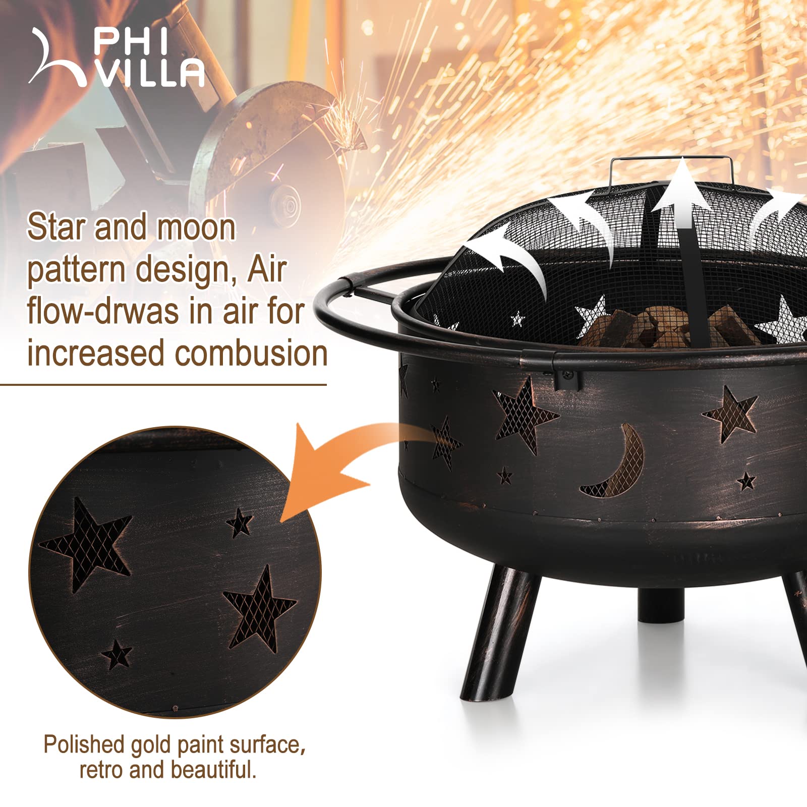 PHI VILLA 30" Outdoor Wood Burning Firepit with Cooking Grate, Patio Deep Bowl Steel Fire Pits for Outside with Adjustable Swivel BBQ Grill Pan, Star & Moon Cutouts Pattern, Poker & Spark Screen