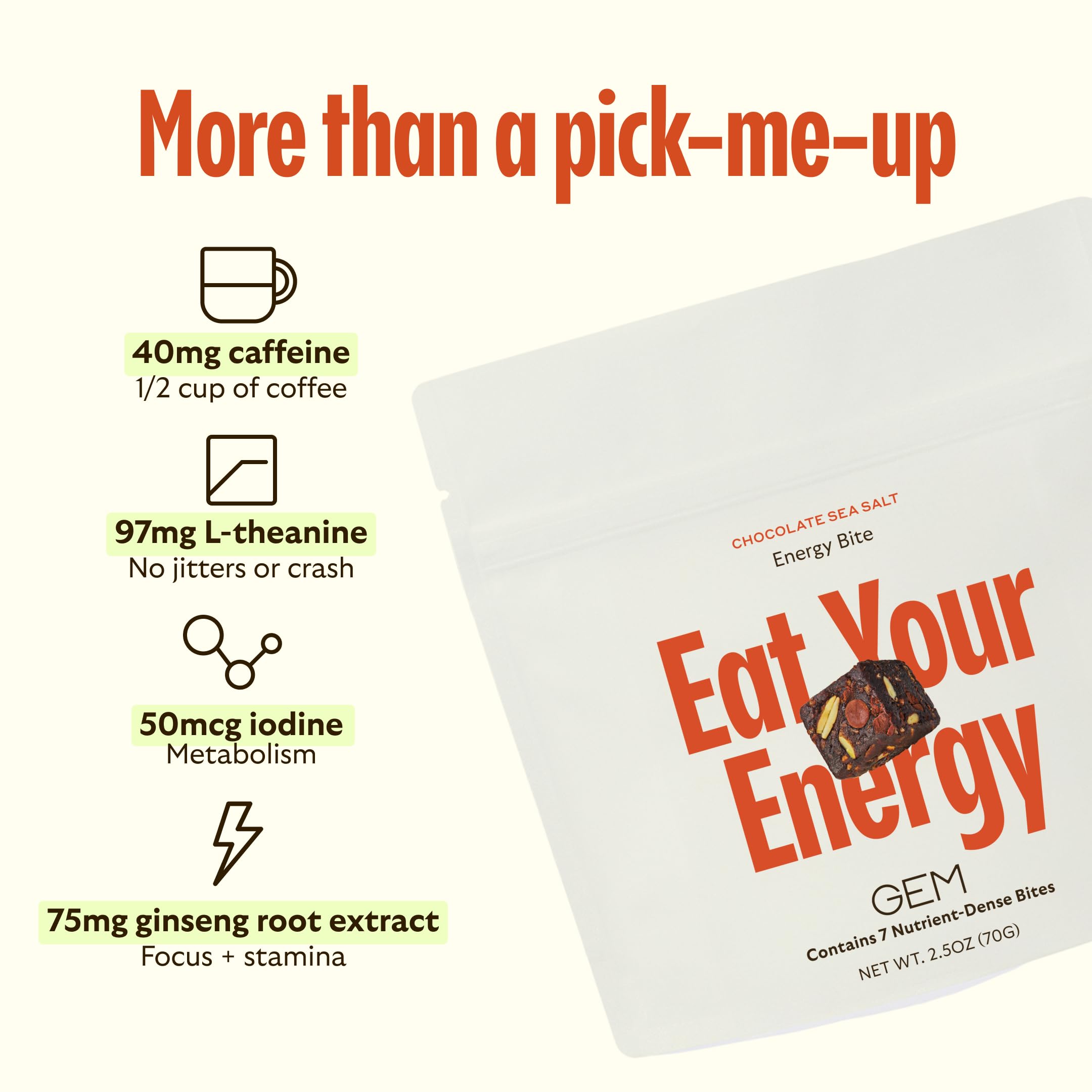GEM Energy Caffeinated Bite, 40mg Caffeine, Ginseng Root, L-Theanine, Holistic Sustained Energy, Supports Metabolism, Stamina & Endurance | Chocolate Cacao Sea Salt | 28 Servings