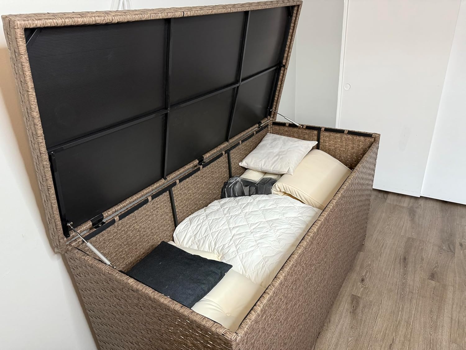 DWVO 260Gal XXL Outdoor Storage Box | All-Weather PE Wicker Deck Box with Waterproof Inner Bag & Elevated Feets | Patio, Pool, Garden Tools Container (Brown)