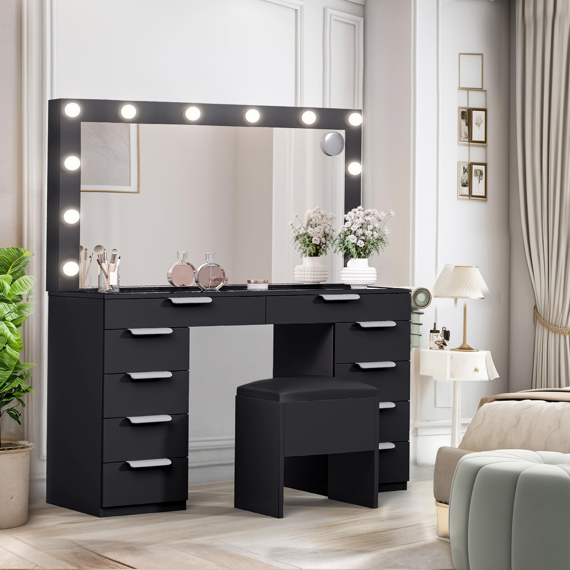 GOOBED 46" Makeup Vanity with Large Mirror & Lights, Glass Top 10-Drawer Vanity Desk Set with Power Outlets & Storage Stool, Dressing Table with 3 Light Modes for Dressing Room, Jet Black