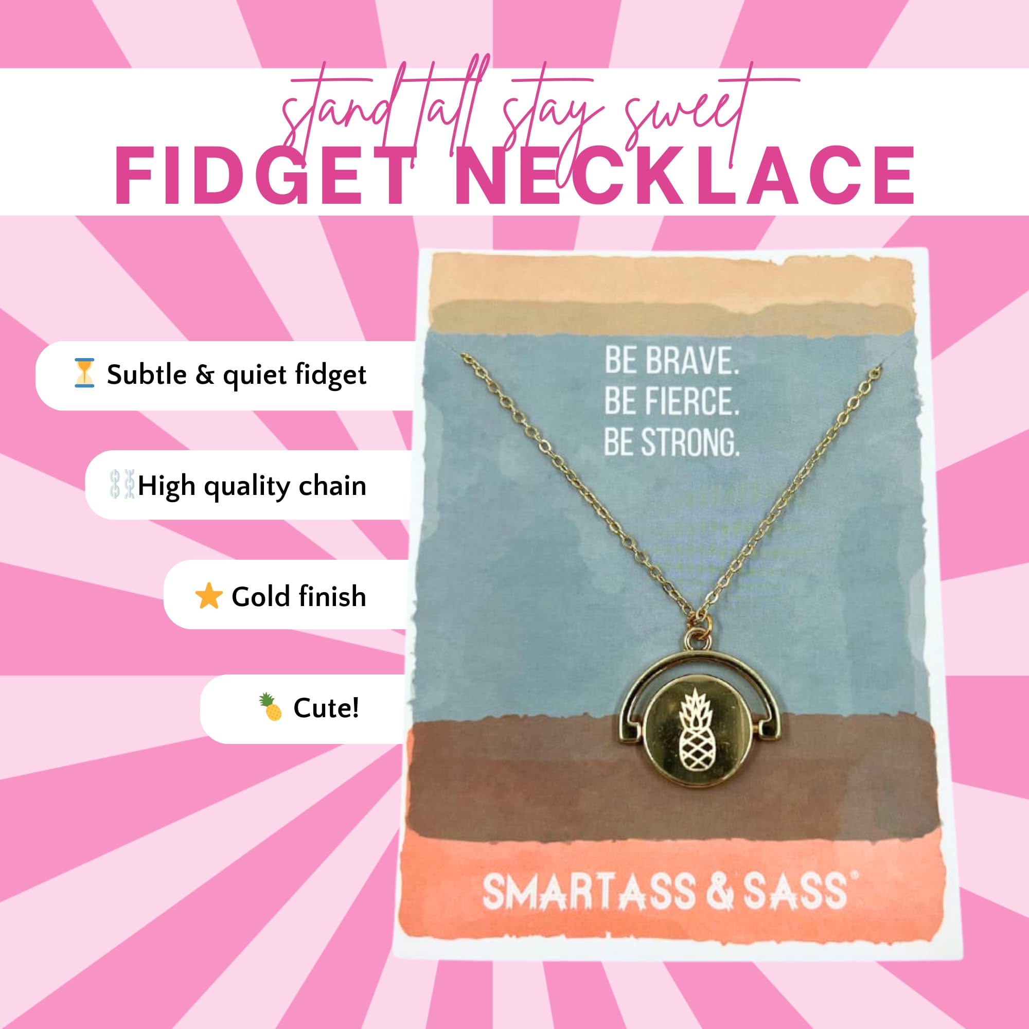 Smartass & Sass Gold Spinning Fidget Necklace – Pineapple-Inspired Motivational Jewelry – Funny Anxiety Relief Necklace – Stylish Fidget Pendant for Stress & Focus