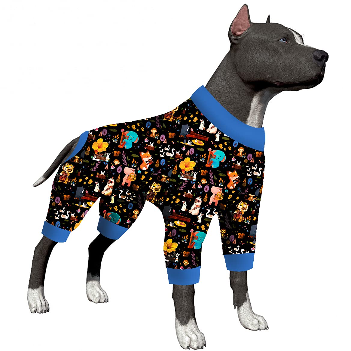 LovinPet Full Onesie for Large Dog, Lightweight Stretchy Fabric, Woodland Musicians Black Print, Pet Pajamas for Dogs, UV Protection, Lage Breed Dog Jammies, Pet PJ's, Pitbull Clothes, 2XL