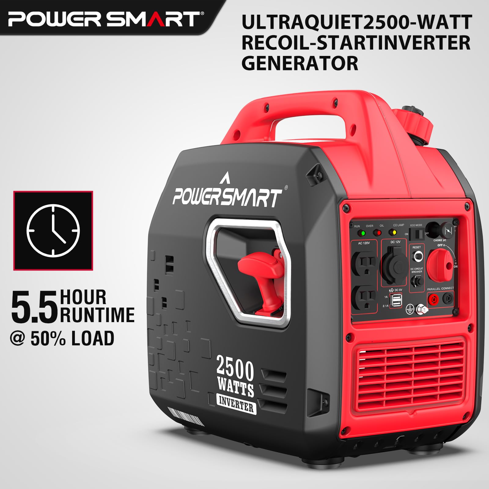 PowerSmart 2500-Watt Portable Gas Inverter Generator, Super Quiet, High Fuel-Efficient Generator, Lightweight, CARB Compliant PS5025