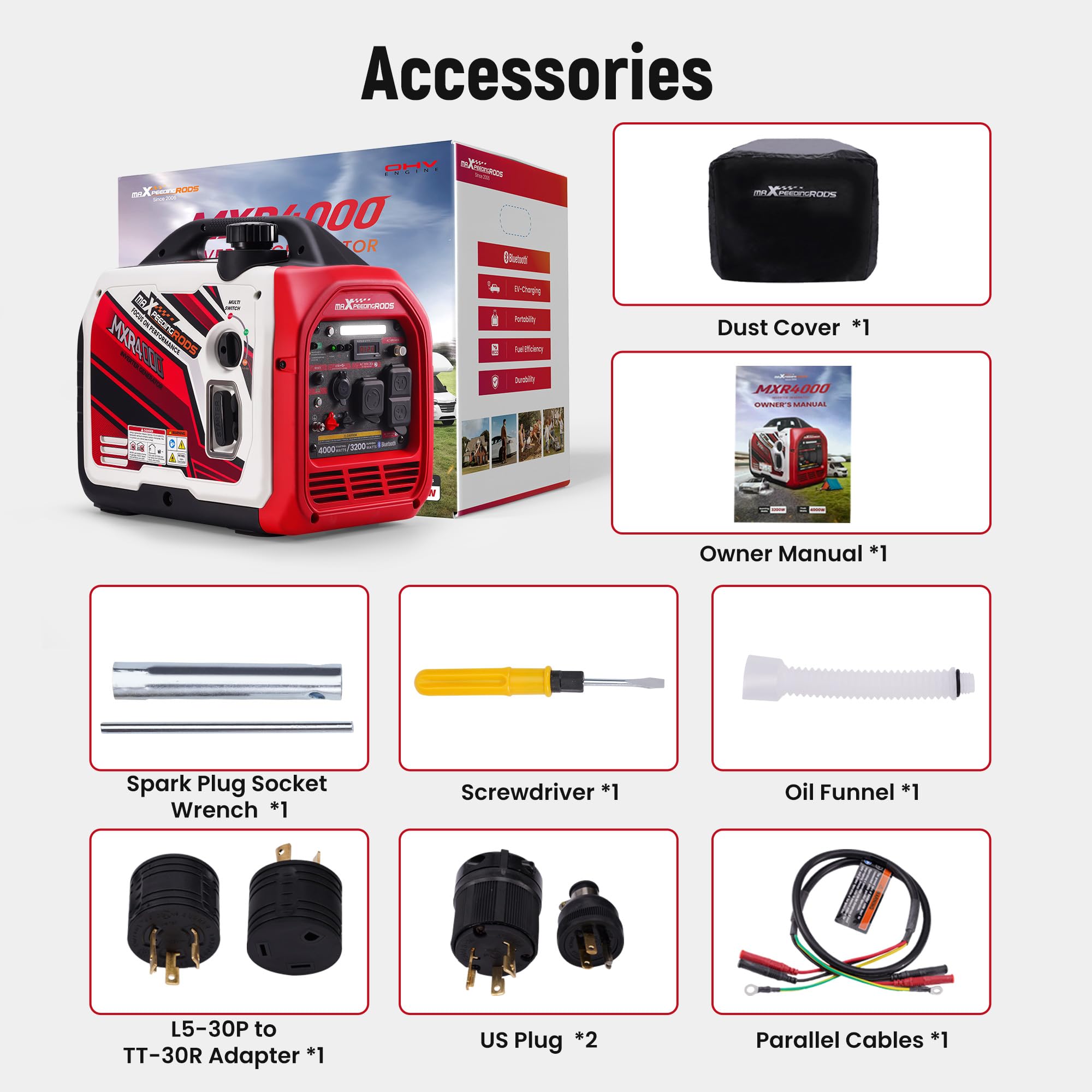 maXpeedingrods 4000 Watt Inverter Generator Portable, Bluetooth® App Remote Data Monitor, RV Ready, Gas Powered Generator with CO Alarm for Outdoor Camping, Home Backup