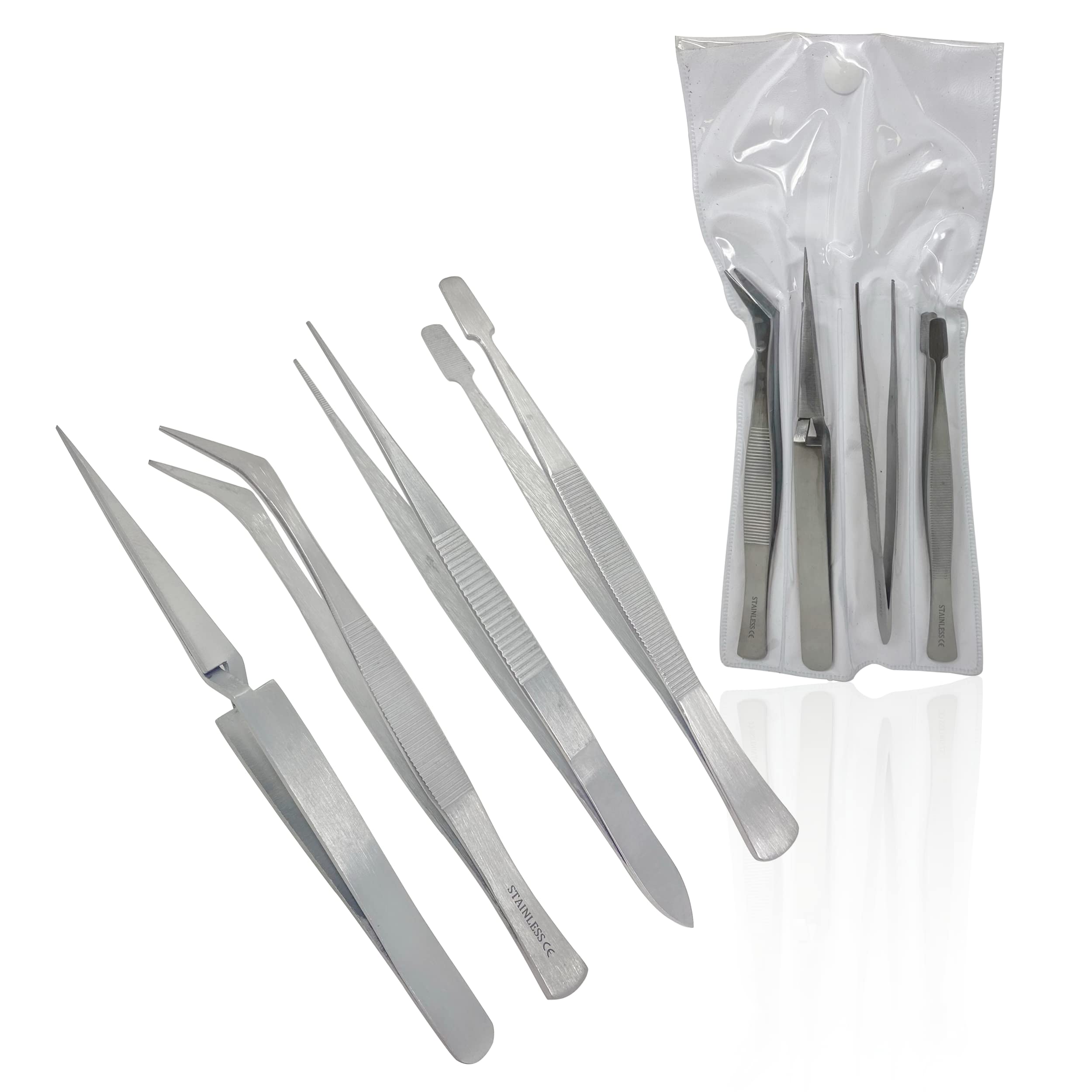 Cynamed Precision Hobby Tweezers Tool Set, Stainless Steel Long Tweezers Kit Curved Tweezers for Electronics, Laboratory Work, Diamond Handling, Jewelry-Making, Craft, Soldering (Hobby Tweezers 4-Set)
