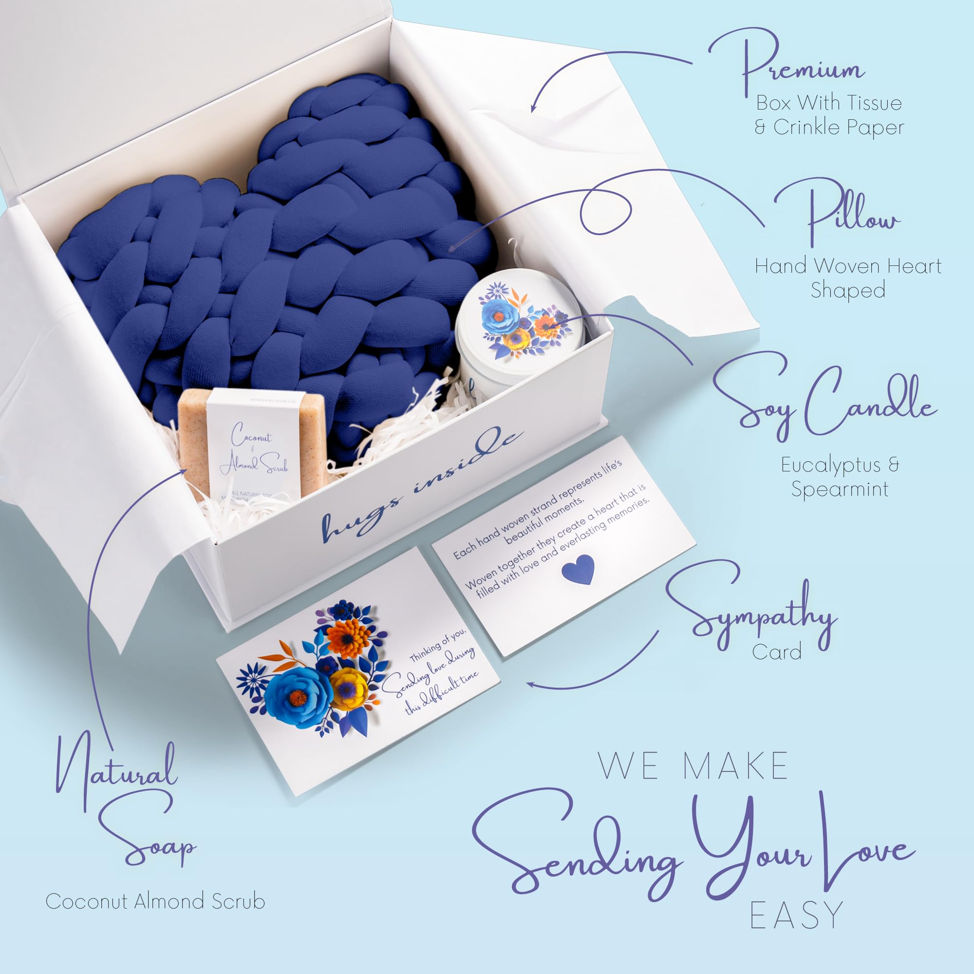Boxzie Sympathy Gifts, Condolence Gift Box, Bereavement Basket, Sorry for Your Loss Care Package, Thinking of You Grief Boxes for Women, Men, Friend – Condolences Navy Pillow (Modern, Blue, 1)