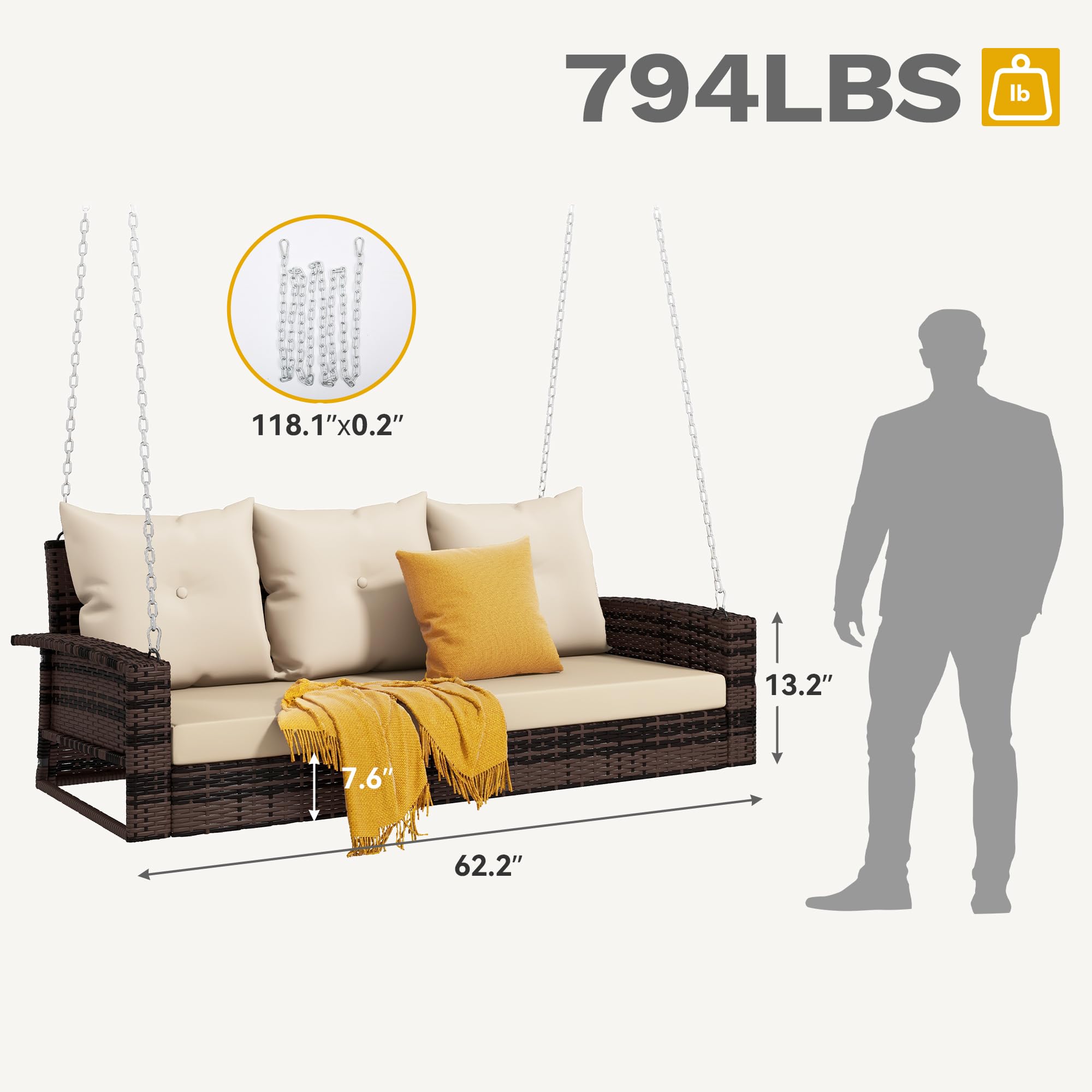 DWVO 3 Seats Porch Swing Hanging Bench Swing Outdoor Wicker Patio Swing Lounge Front Rattan 794lbs for Garden, Balcony, Brown&Beige