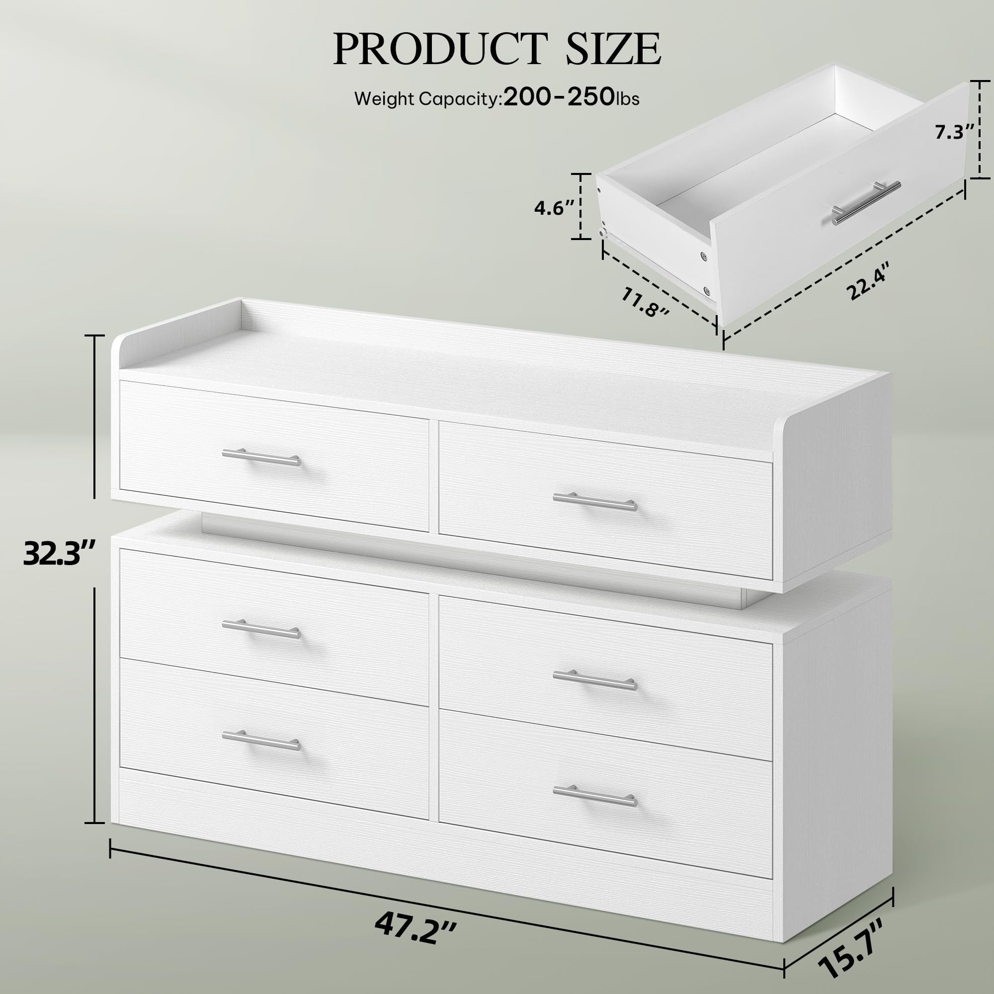 DWVO 6 Drawer Dresser with LED Light, Modern Dresser Chest of Drawers for Closet, Wide Drawer Organizer Cabinet with Top Storage Shelf, White