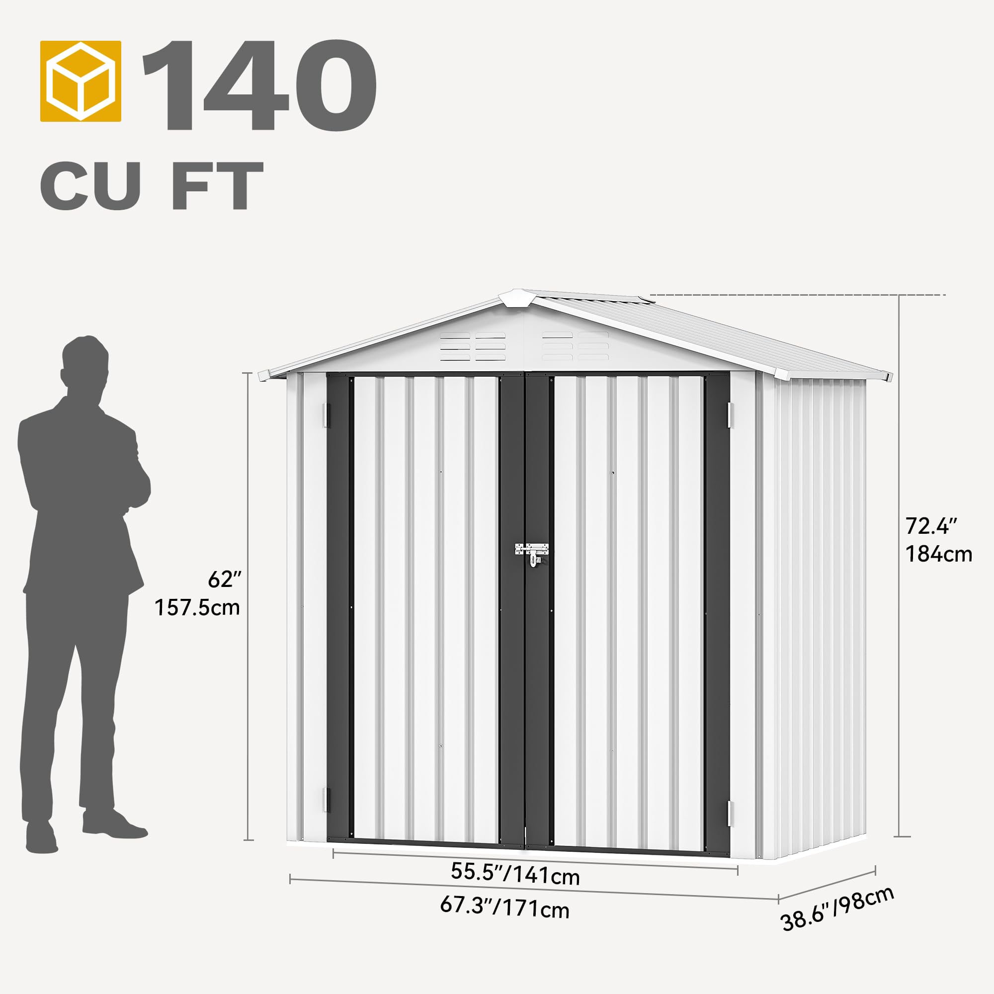 DWVO 5.6' x 3.2' Outdoor Storage Shed, Large Metal Tool Sheds, Heavy Duty Storage House with Lockable Doors & Air Vent for Backyard Patio Lawn to Store Bikes, Tools, Lawnmowers,White