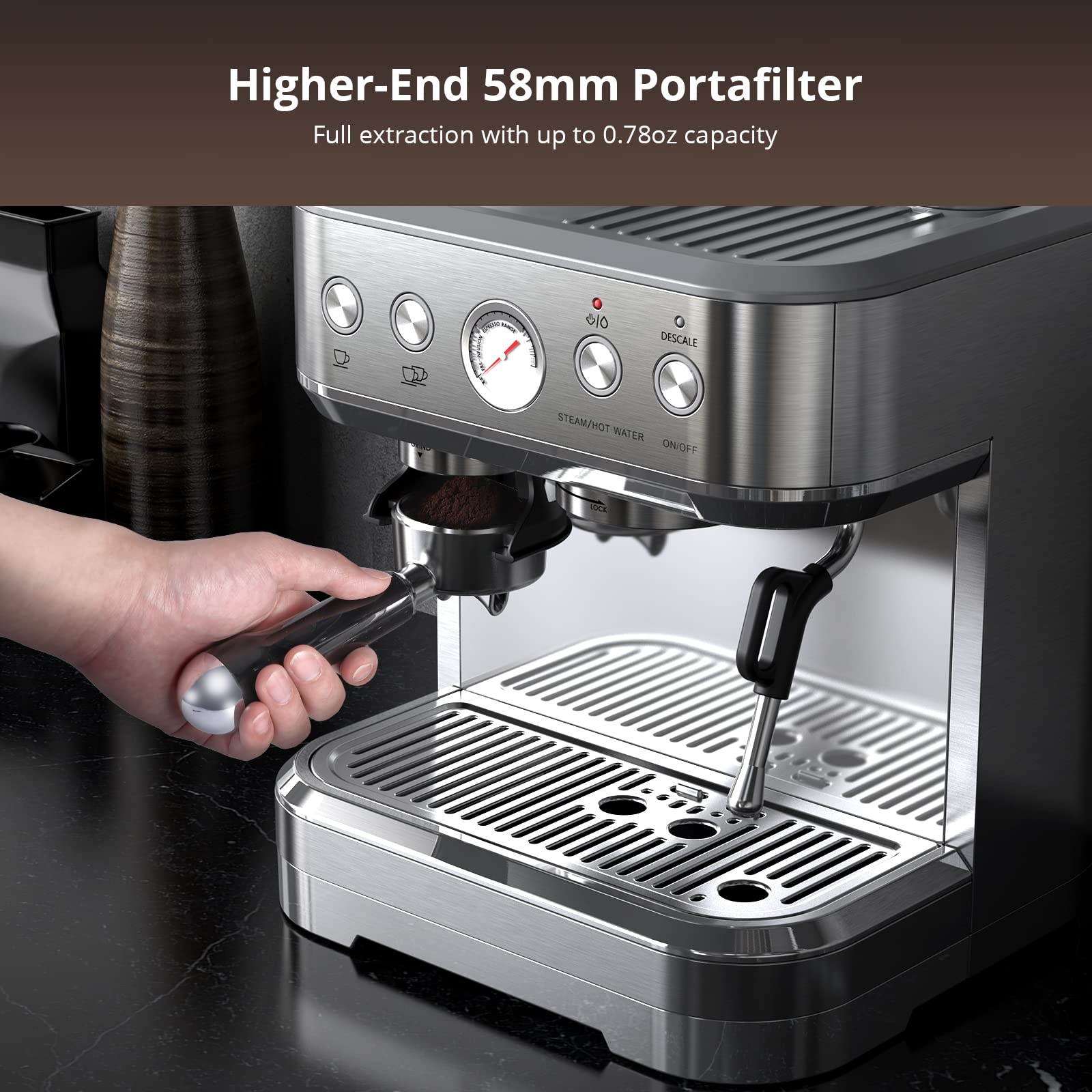 Acekool Espresso Coffee Machine, Espresso Maker with Milk Steamer, 77 oz Water Tank, Stainless Steel Coffee Machine with Milk Frother for Latte, Cappuccino, Macchiato, Small Espresso Grinder, 15 Bar