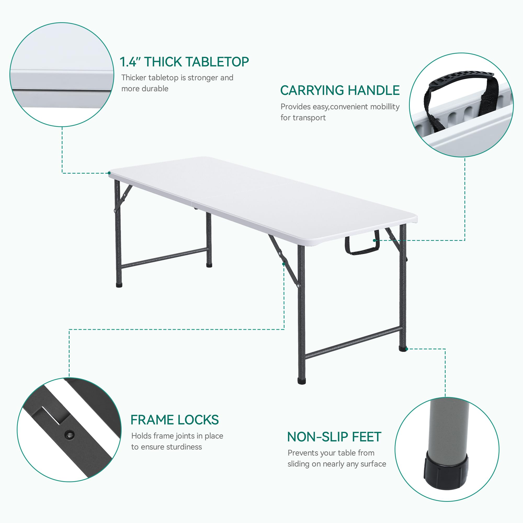YITAHOME 6FT Folding Table, Outdoor Folding Table w/Heavy Duty HDPE Tabletop, Rectangle Folding Tables w/Portable Carrying Handle for Picnic, Parties, Camping & Indoor Activities, White