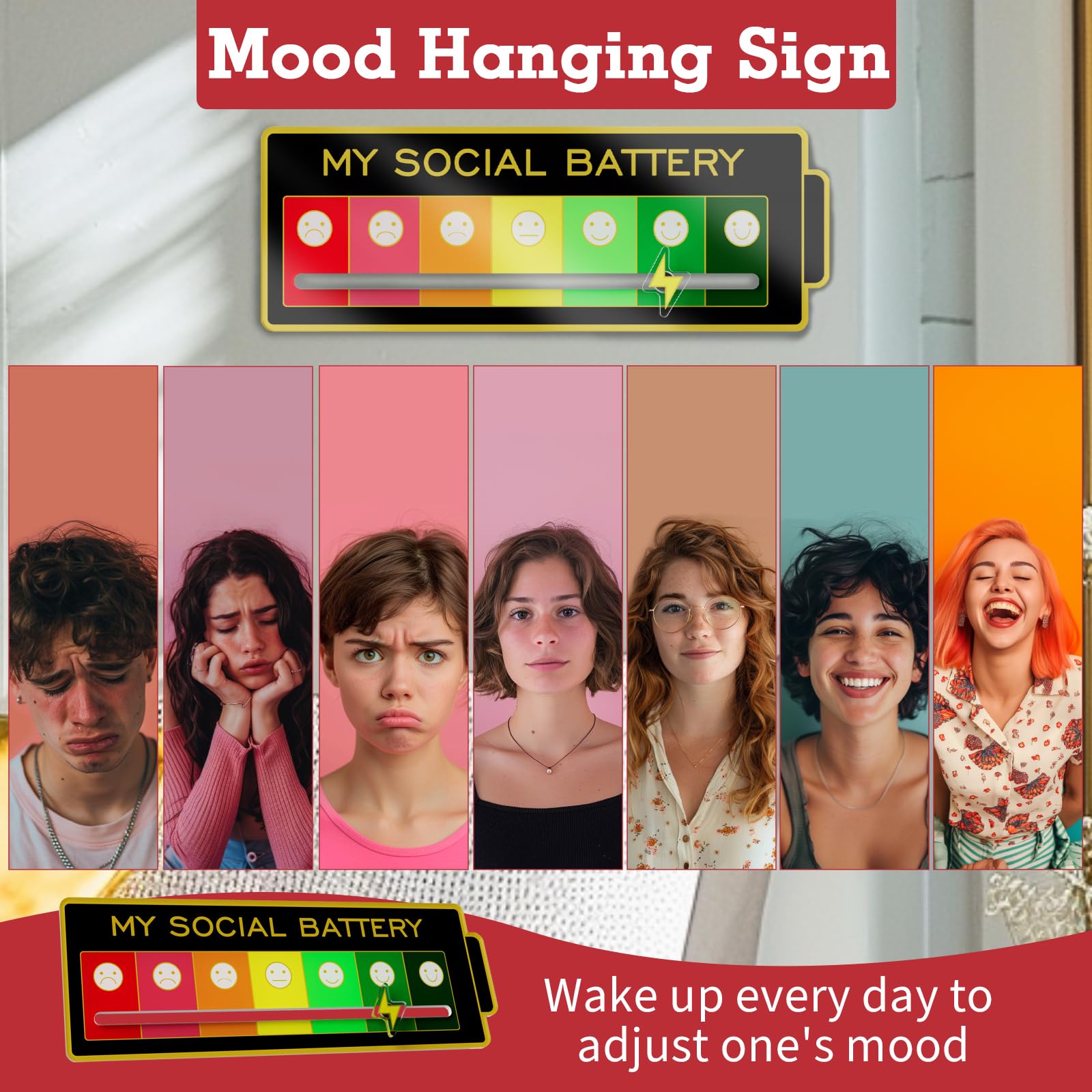 Acrylic Mood Door Sign for Creative Home Decor ，7 Emotion Expressions, Social Battery Door Sign，Decorative Wall Art for Home and Office. (Black)