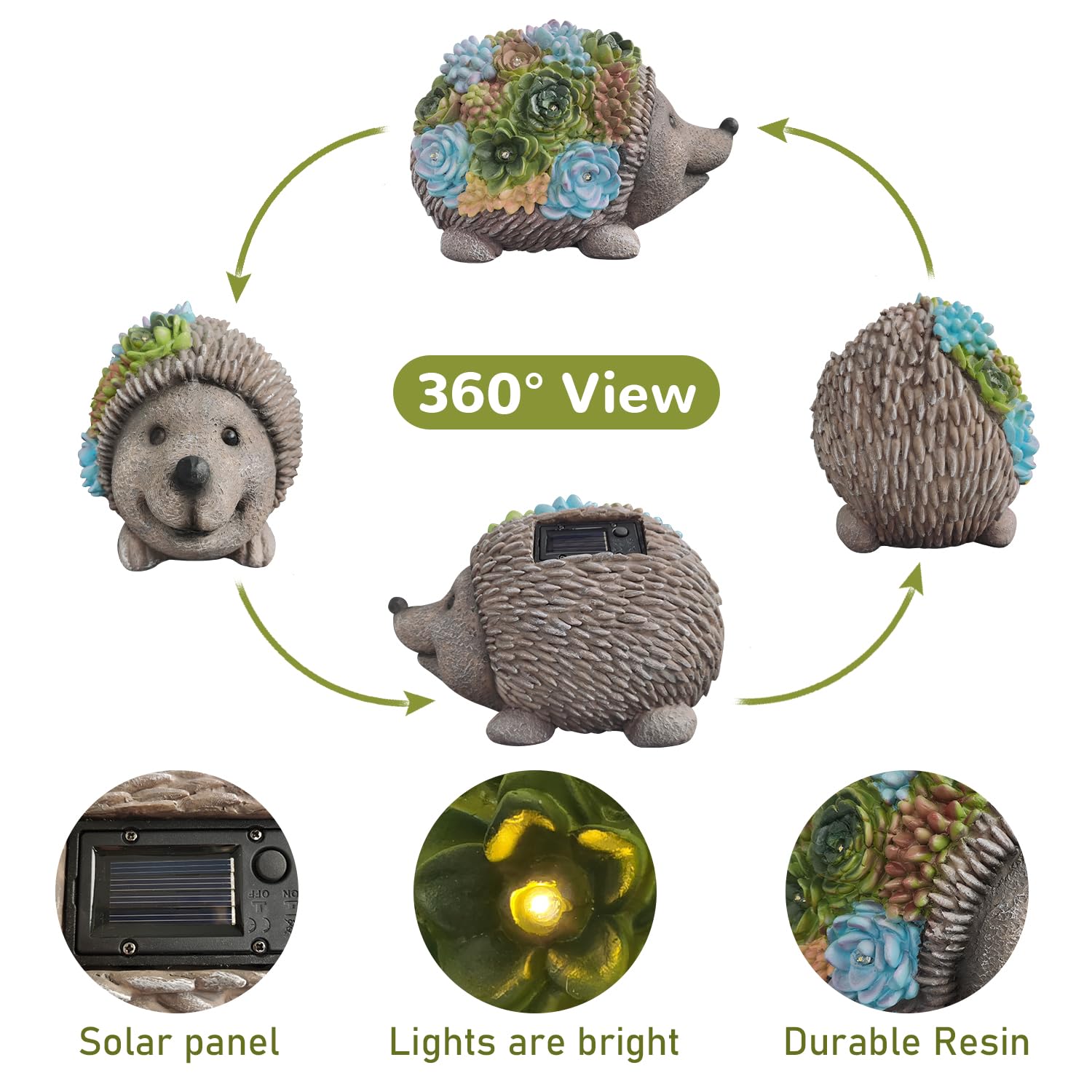 AXEN Solar Garden Outdoor Statues Hedgehogs with Succulent and 7 LED Lights, Outdoor Decorations for Garden Patio Lawn Balcony Yard, Unique Housewarming Gifts