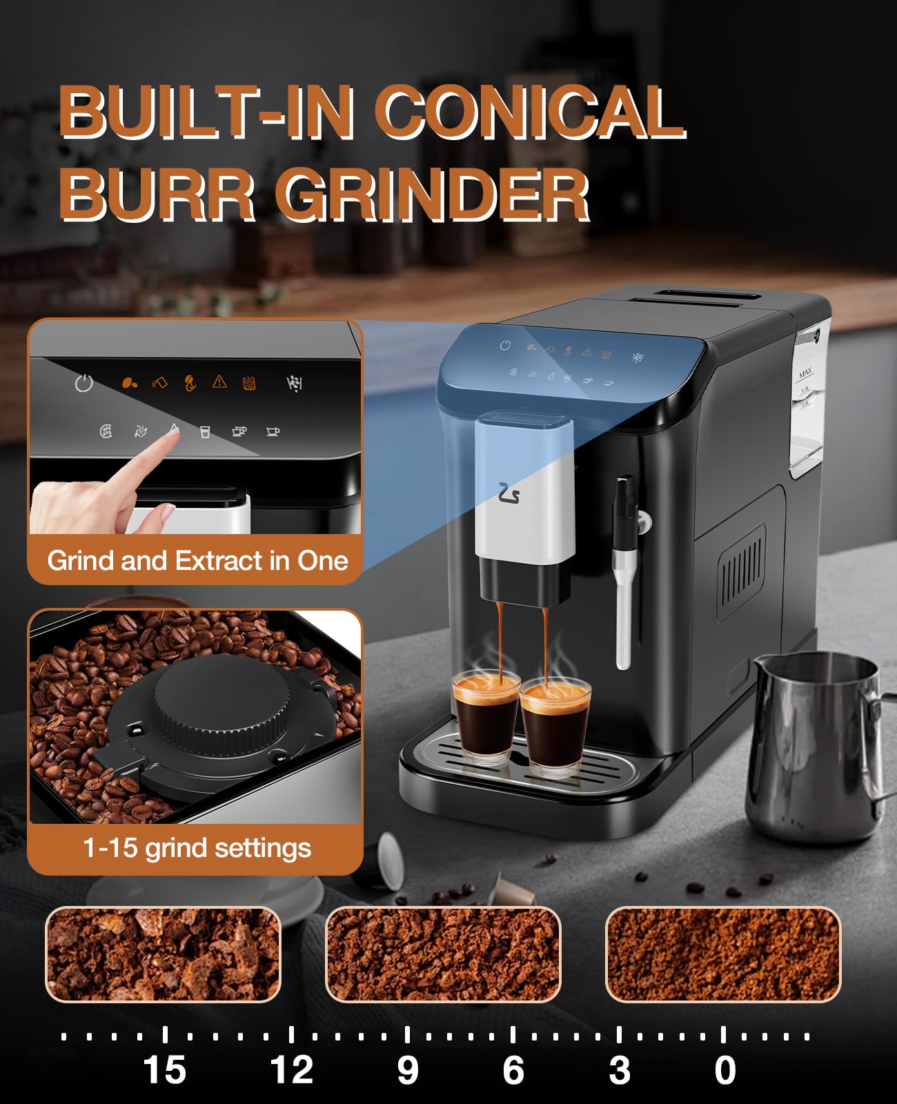 GarveeTech Fully Automatic Espresso Machine, 20 Bar Espresso & Coffee Machine with Milk Frother, Built-In & Adjustable Espresso Bean Grinder, Touch Screen Coffee Machine with 1.5L Water Tank
