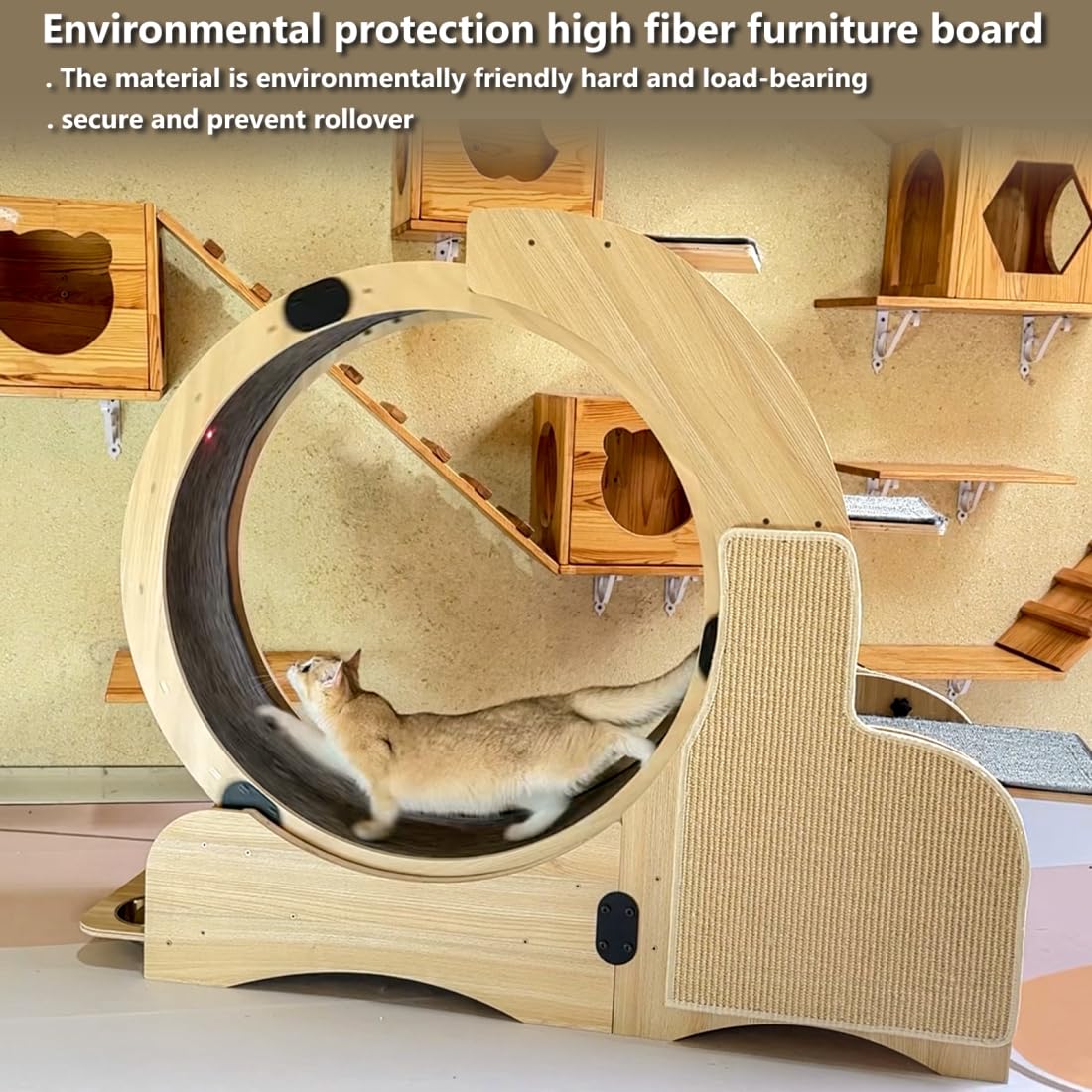 Cat Sports Running Wheel, Cats Wheel Wood Climbing Frame, Cat Litter Fitness Wheel for Indoor Cats,Climbing Ladders,Cat Scratching Board,Cat Bowls,46.4 ×38.5×42.1 Inchs (Upgraded 5-In-1model)