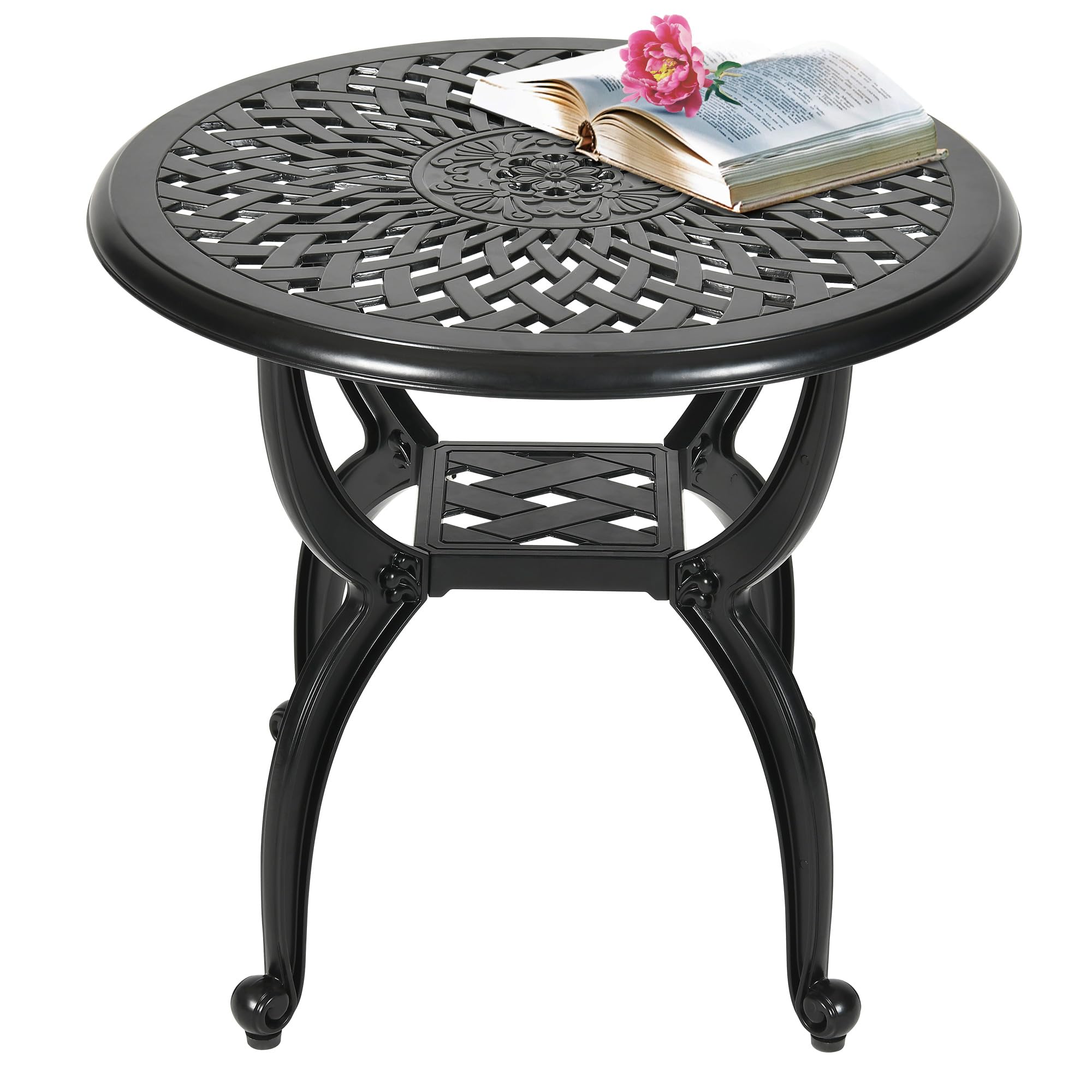 DWVO Outdoor Cast Aluminum Round Side Table, Patio Bistro Table with Adjustable Foot Pads for Backyard Garden Porch Balcony, Black