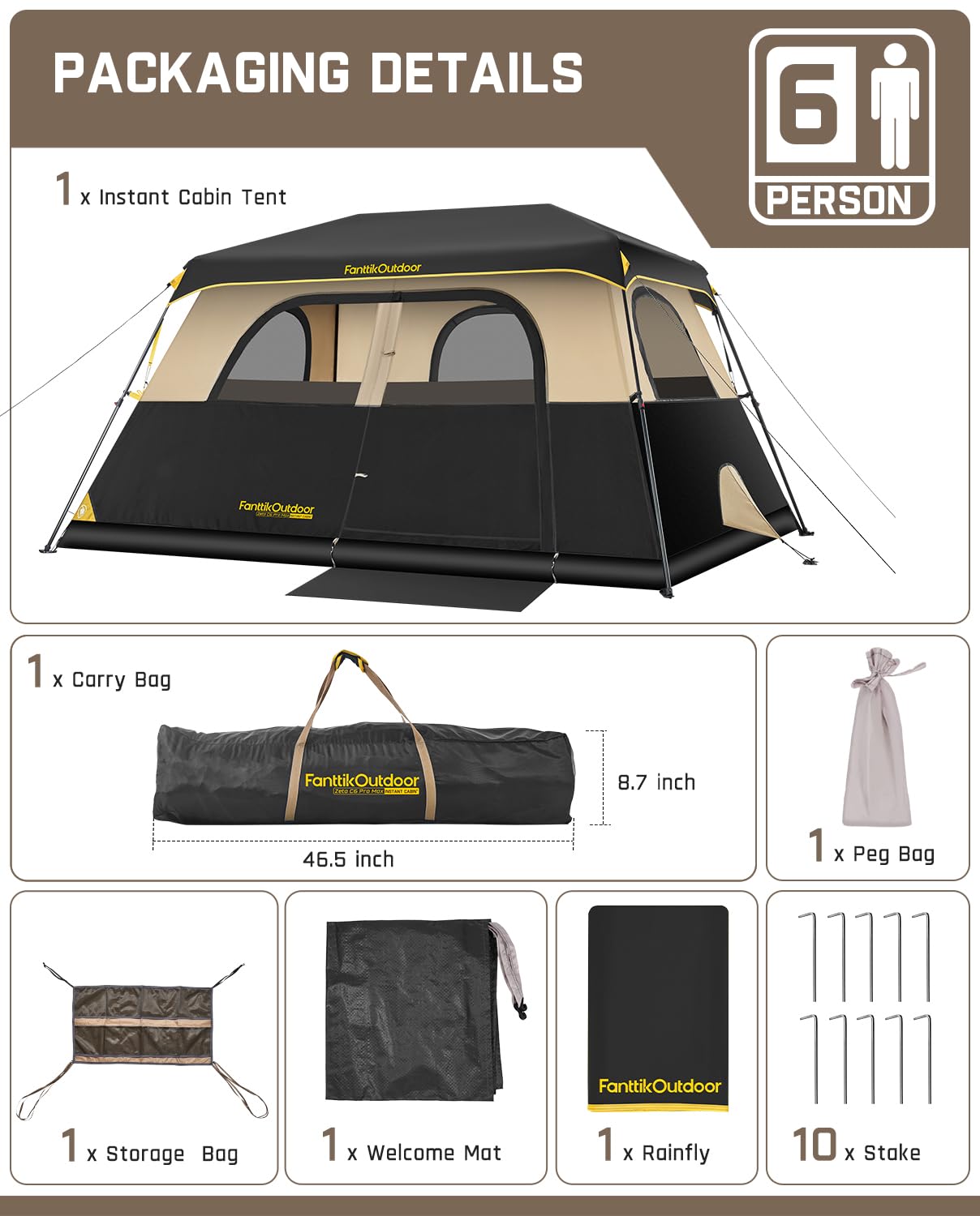 FanttikOutdoor Zeta C6 Pro Max Instant Cabin Tent 6 Person Camping Tent Setup in 60 Seconds with Rainfly & Windproof Portable with Carry Bag for Family Camping & Hiking, Upgraded Ventilation, Khaki
