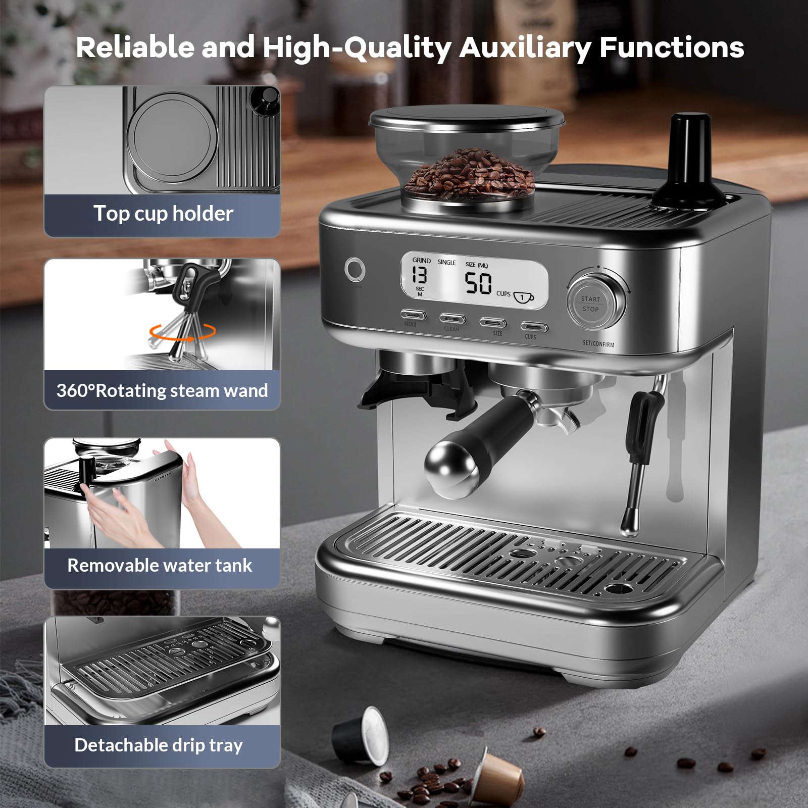 ACONEE Espresso Coffee Maker, 15 Bar Professional Espresso Coffee Maker with Built in Grinder, LED Display, Self-Clean, Barista Coffee Machine Kit, Latte Machines for Home Barista, Office, Grey